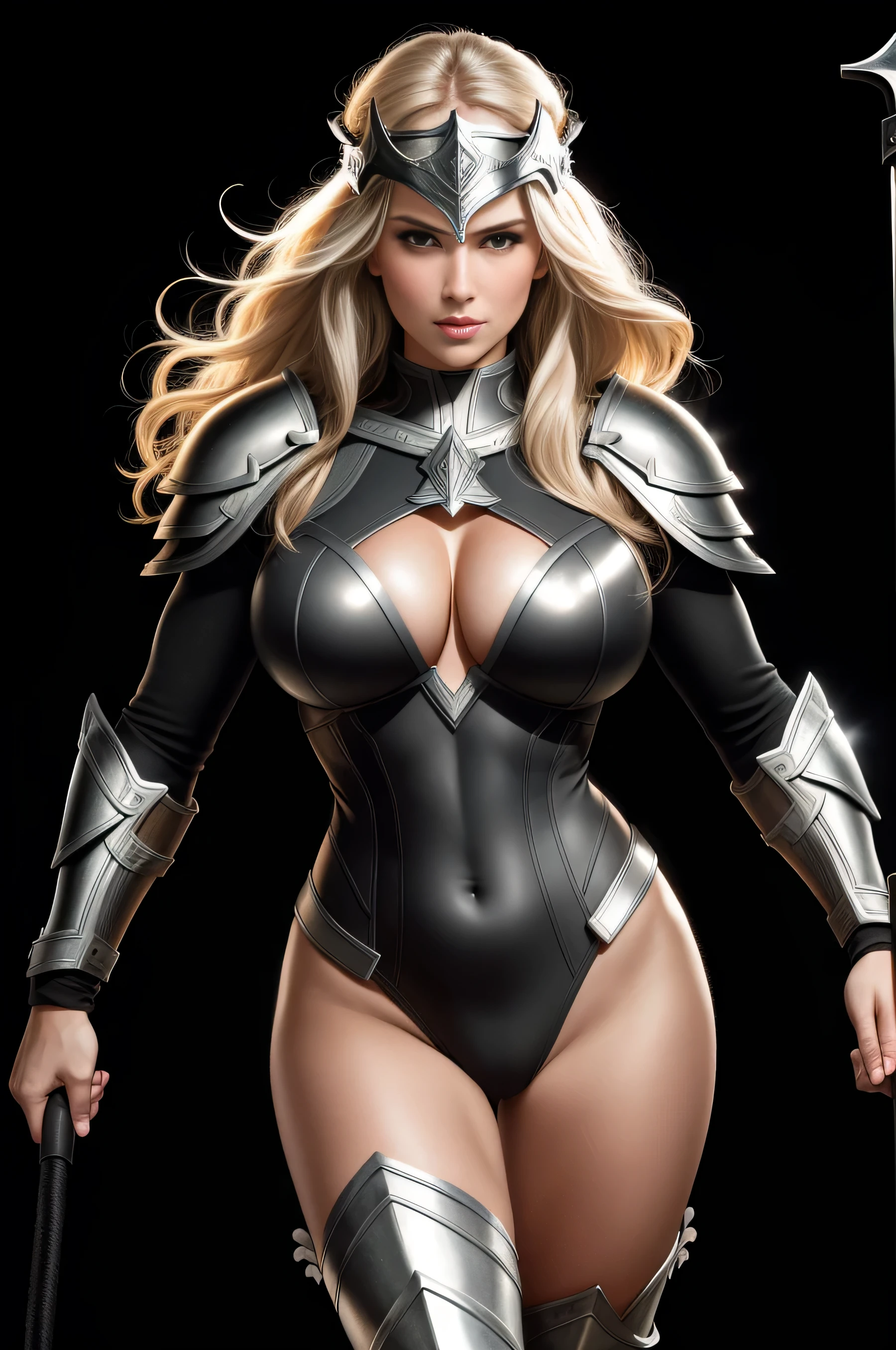 BOMBSHELL VALKYRIE, MATURE WOMAN, 30 YEARS OLD, ATHLETIC BODY, MUSCLES, HUGE LONG HAIR, BLOND HAIR, GRAY EYES, ROSY CHEEKS, VALKYRIE HELM, ANGRY FACE EXPRESSION, SILVER HELM, BLACK BODYSUIT UNDER ARMOUR, FULL BODY SILVER ARMOUR, SHINING ARMOUR, MITHOLOGY, random hair, looking at camera, gigantic breasts, cleavage, (high detailed skin:1.2), 8k uhd, dslr, super lighting, high quality, film grain, high res, highly detailed, hyper realistic, beautiful face, beautiful body, beautiful eyes nose lips, alluring expression, very bold, upper visible, full body photo, standing legs apart, pale translucent glowing skin, most beautiful face, cute, (well defined pubic hair:1.2)), (dark plain black background:1.4))