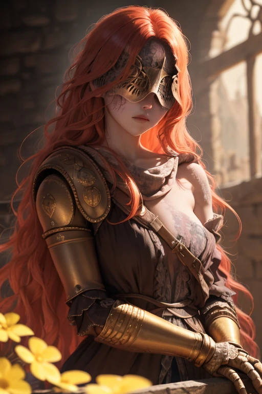 Highly detailed, High Quality, Masterpiece, beautiful, 1girl, prosthesis, MaleniaRot, covered eyes, scar, IncrsBurntScar,small breasts ,peeking out upper body, dresseing their armor.