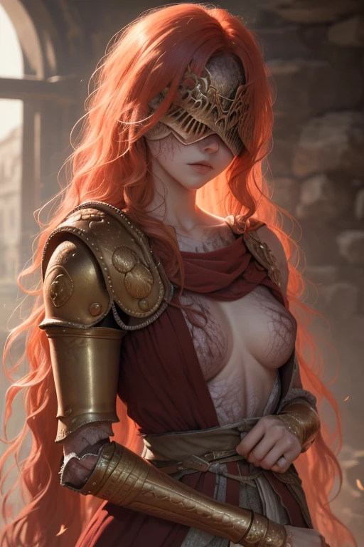 Highly detailed, High Quality, Masterpiece, beautiful, 1girl, prosthesis, MaleniaRot, covered eyes, scar, IncrsBurntScar,small breasts ,peeking out upper body, dresseing their armor.