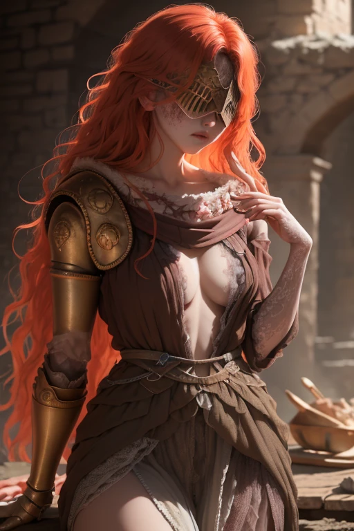 Highly detailed, High Quality, Masterpiece, beautiful, 1girl, prosthesis, MaleniaRot, covered eyes, scar, IncrsBurntScar,small breasts ,peeking out upper body, dresseing their armor.