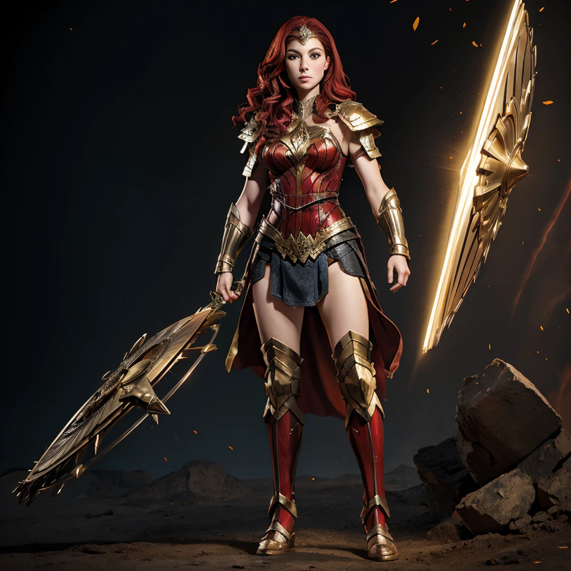 ((Full body photo,standing, feet on the ground)) Wonder Woman A red-haired warrior Woman with yellow eyes wearing black and gold armor