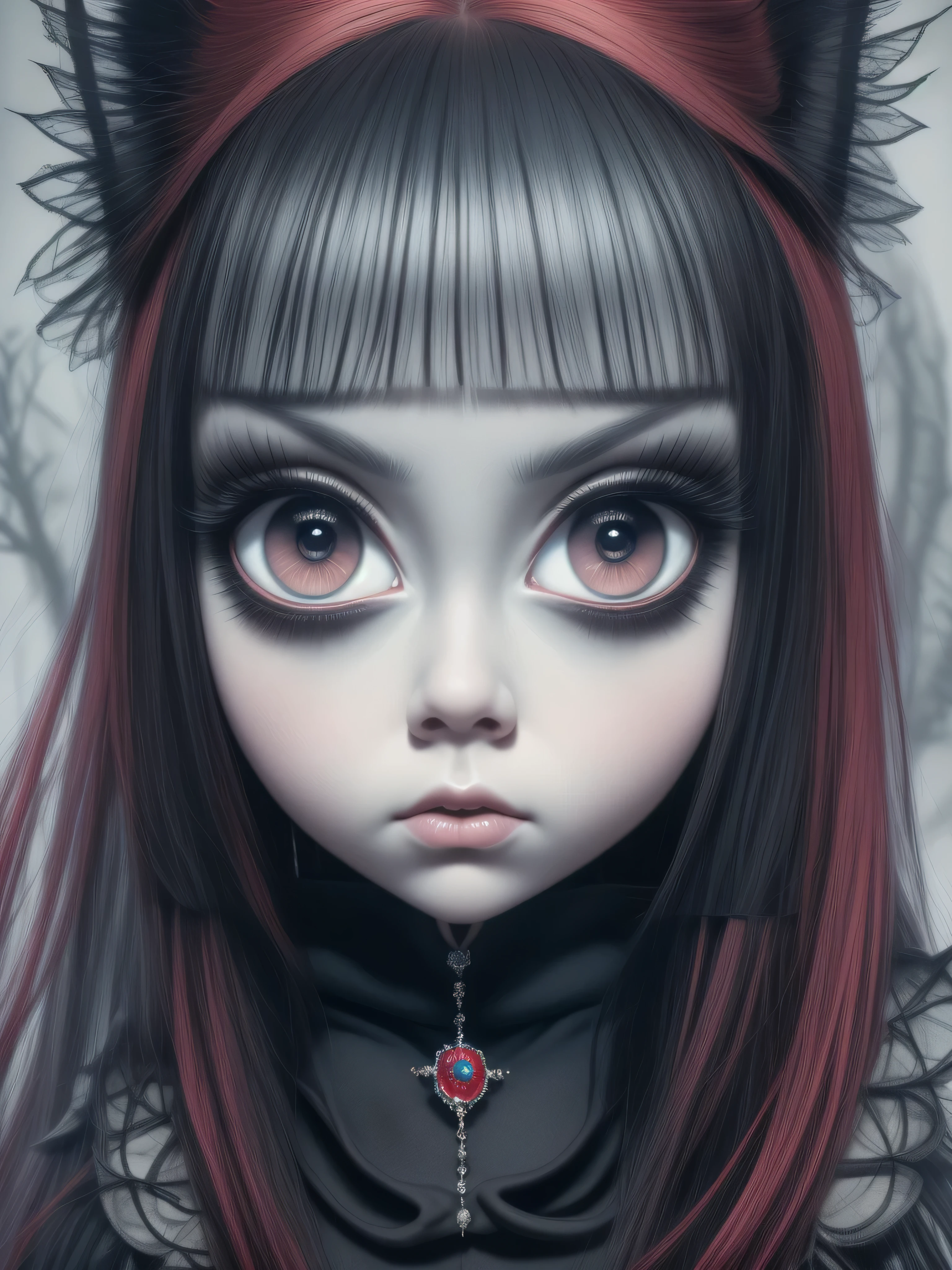 there is a drawing of a woman with red hair and ojos grandes, ojos grandes with eyelashes, inspirado por Margaret Keane, ojos grandes, inspirado en Nara Yoshitomo, with ojos grandes, ojos grandes and lips, inspirado por Mab Graves, detailed ojos grandes, weird silly thing with ojos grandes, inspirado en Chiho Aoshima, futuristic ballroom. ojos grandes