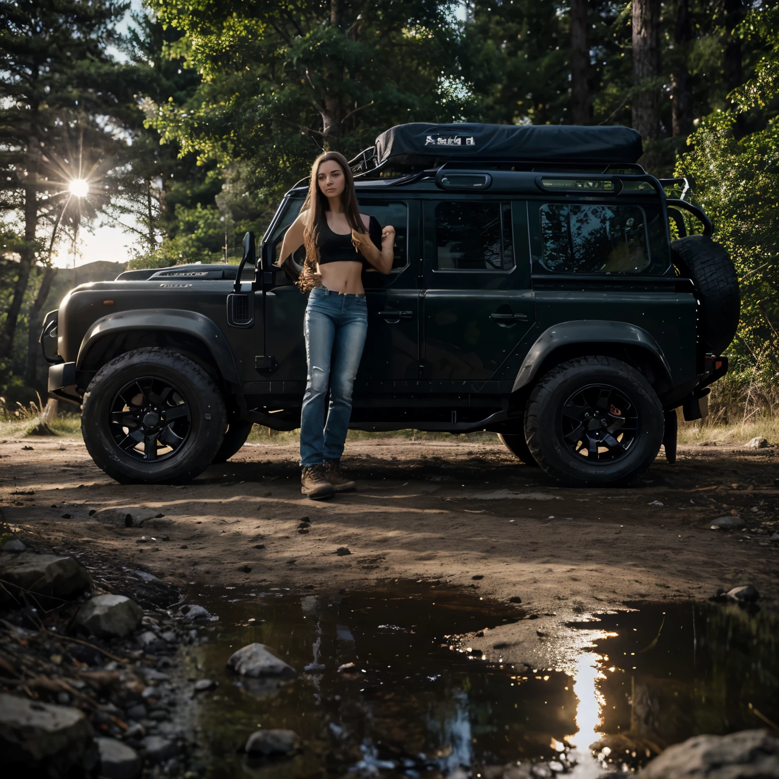 Land Rover Defender 4x4, side view, offroad style, young girl on the hood, perfect body, long hair, realistic face, hyper realistic face, focus on the face, like a photography, ultra detailed face, big eyes, tank top, big , without bra, blue jeans, hiking shoes,black shiny body, forest next to the campfire, evening, stars on the skye, bright moon, high quality, 8K, RAW, ultra realism, masterpiece, bright, real image, very detailed, lights reflection, side light