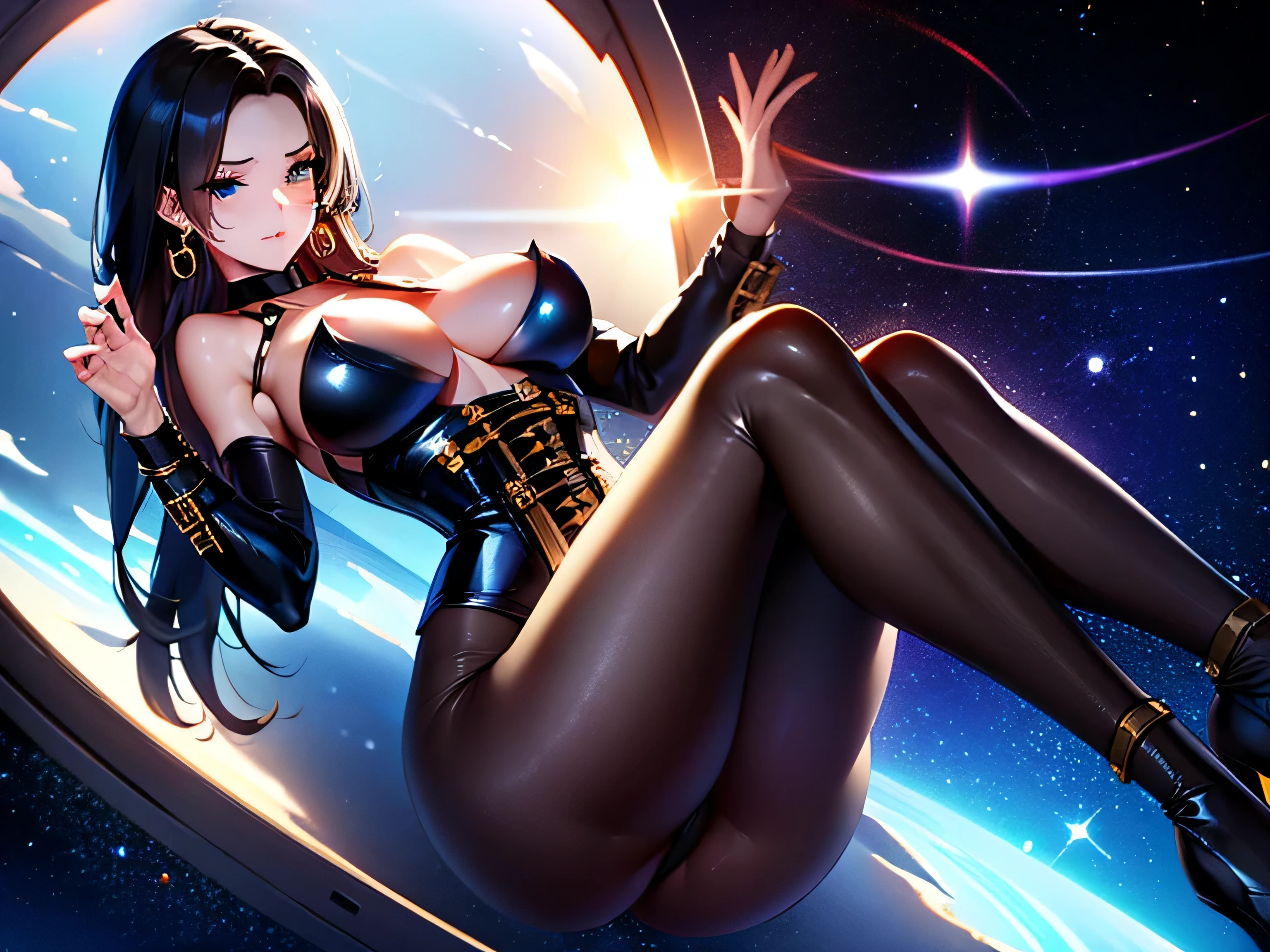 1 women ,flying in the sky , touching herself, with a lockaround her neck , shy face, black hair, stoppes corset , big naked , its warm , realy well details, full body view, dark background, hight boots , black 3/4 tights, creol earrings , in the galaxie with 1 sun , earth