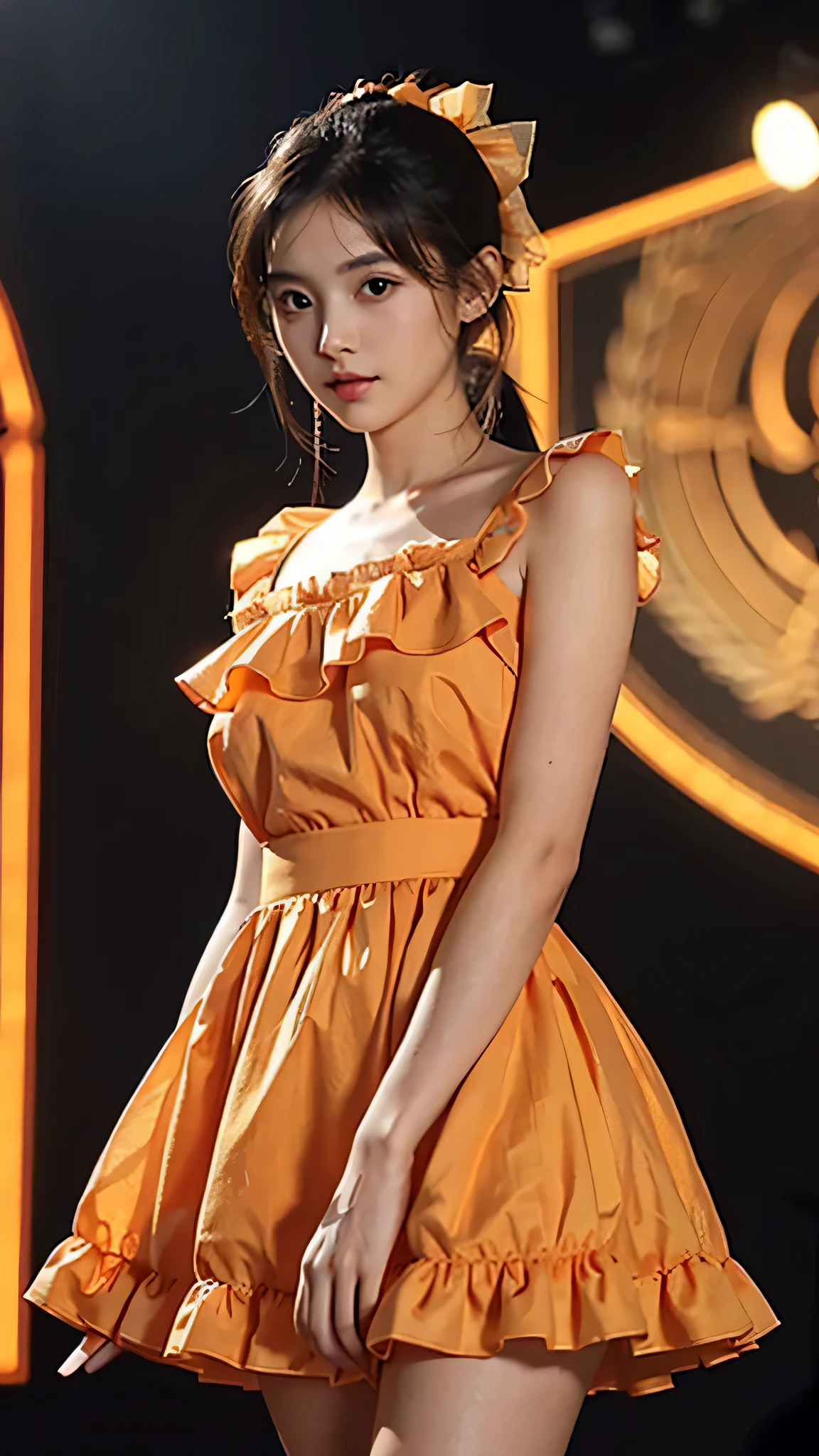 One woman,fully body photo,masutepiece, The highest image quality, High quality, the background is clear,Beautiful woman, Japanese, Detailed, Detailed eyes, Detailed skin, Beautiful skin, 超hight resolution, (reality: 1.4),Very beautiful woman, Slightly younger face, Beautiful skin, slender, (Ultra photo realsisim), (hight resolution), (8K), (Very detailed) (beautifully detailed eyes), (super detailed), (Detailed face), view the viewer, Fine details, Detailed face, Staring straight ahead, Staring straight ahead, photos realistic, Bright lighting, Professional Lighting, Black hair,poneyTail,a baby face,sixteen years old,Hairstyle is ponytail,long ponytail hairstyle,slight smile,Orange colored long dress with lots of ruffles, softly shaped skirt, standing on stage,Long orange dress with lots of ruffles, soft shaped skirt, standing on stage, orange ribbon on her head, not revealing too much skin, she is wearing a skirt with lots of ruffles.