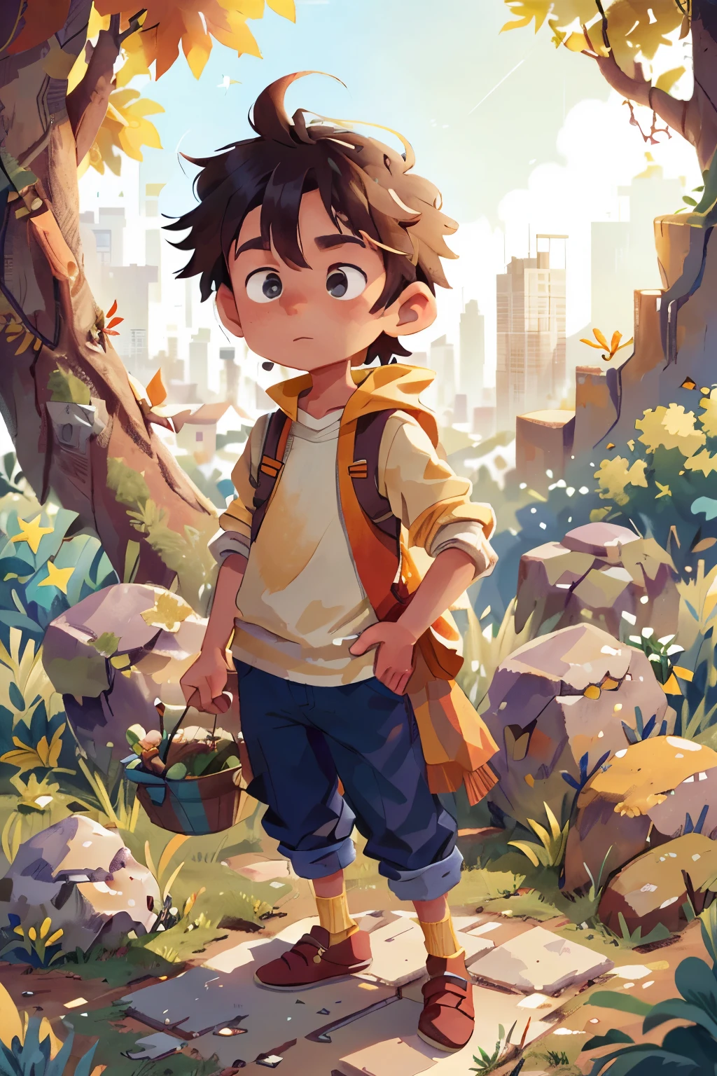 A young boy, clad in a simple tunic and dressed in hues of autumn, stands atop a towering mountain. The sun's last rays cast long, golden shadows at his feet as they reach out towards the wide, sprawling cityscape below. The vibrant colors of the city begin to meld into the deeper hues of the evening sky, with the first twinkling stars beginning to emerge. The gentle breeze plays with his tousled, wind-swept hair as he takes in the breathtaking view, lost in the moment of peace and solitude.