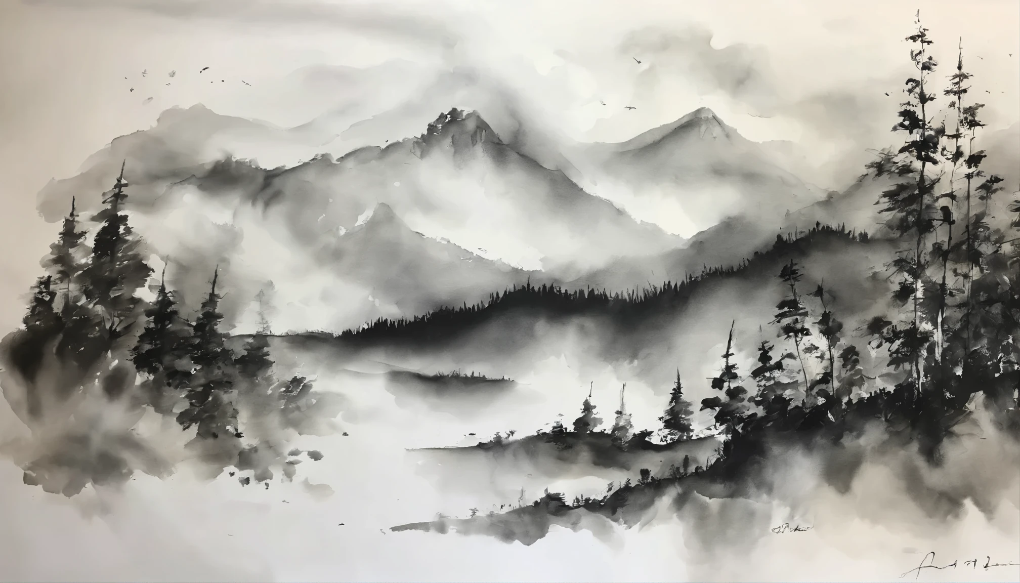 mountains on white paper,Only expressed in ink color々There is also a sea of clouds and moonlit nights::Stylish light touch、Ink painting and watercolor painting、Draw using black and white ink only、high detail、Realism ::n_style illustration ::Seed 1968