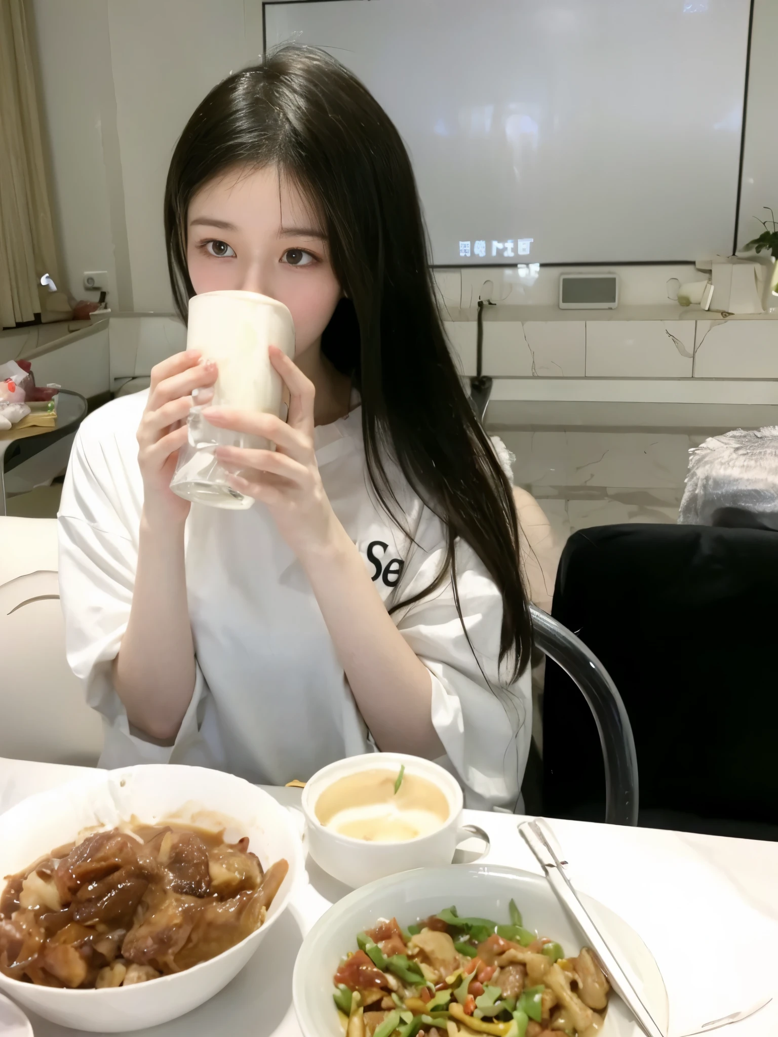 woman drinking a glass of milk while sitting at a table with food, eatpod, Bae Xiuzhi, eat, Urzan, exclusive, jinyoung shin, Minami Zaiwa, drink, sha xi, gongbi, IU, drinking coffee, Sleek white skintight suit, Douban, Cui Xianhua, University, korean girl, summer, CGCOSIETY
