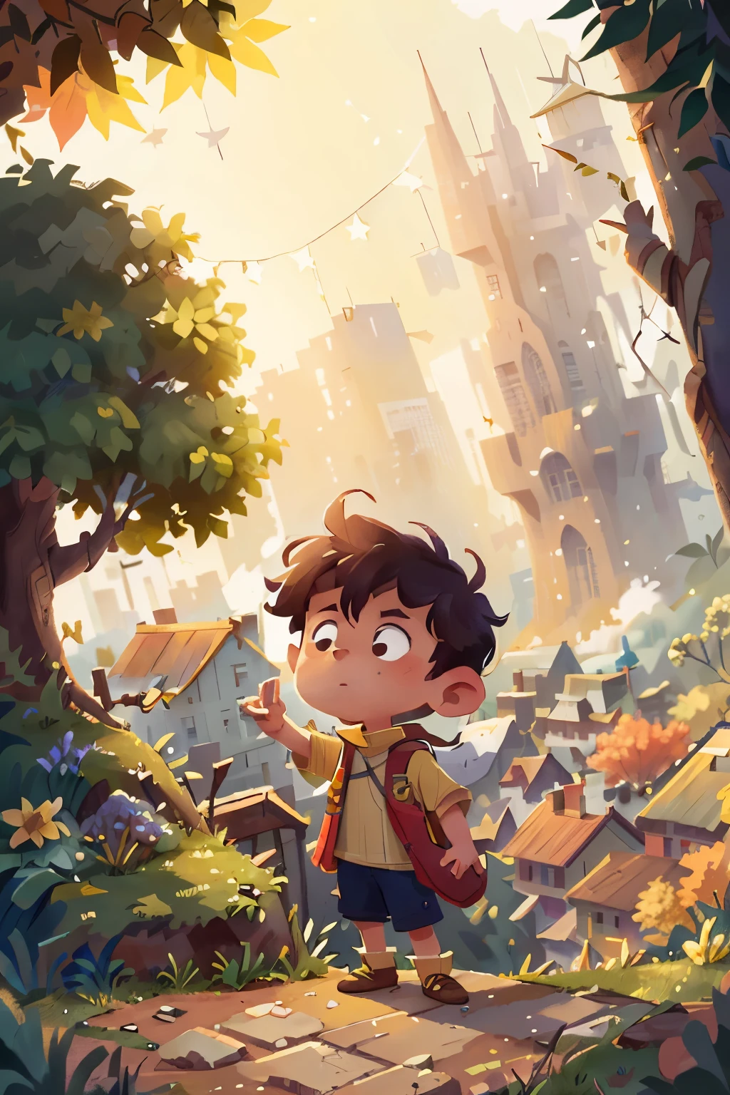 A young boy, clad in a simple tunic and dressed in hues of autumn, stands atop a towering mountain. The sun's last rays cast long, golden shadows at his feet as they reach out towards the wide, sprawling cityscape below. The vibrant colors of the city begin to meld into the deeper hues of the evening sky, with the first twinkling stars beginning to emerge. The gentle breeze plays with his tousled, wind-swept hair as he takes in the breathtaking view, lost in the moment of peace and solitude.