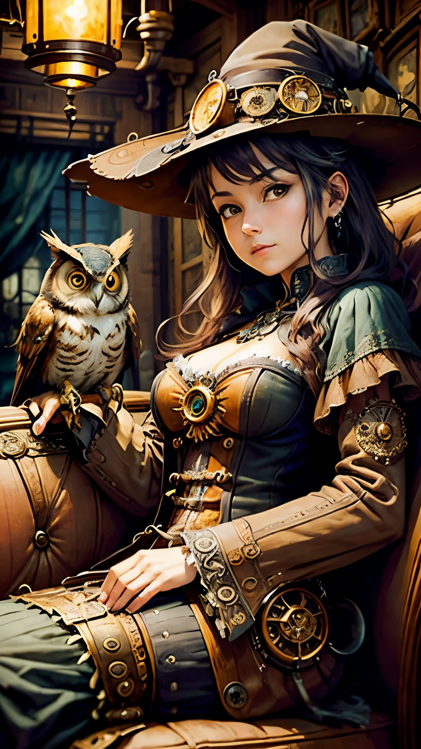 steampunkai。highest quality。masterpiece。detailed details。one woman。steampunk witch。sitting and relaxing on an old sofa。My cute owl familiar is perched on the back of the sofa.。The background is inside the witch's house。