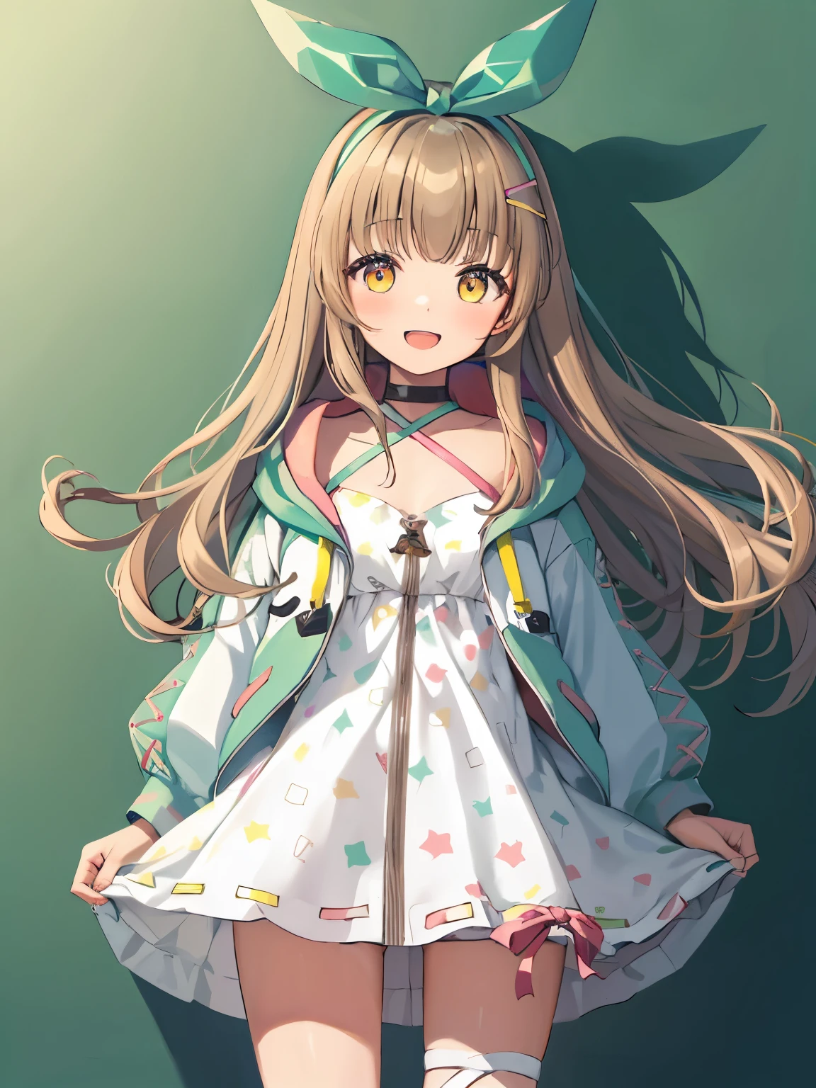 yesterday, highly detailed eyes. sharp focus, disorganized, highest quality, 1 girl, alone, small breasts, (light brown hair, long hair, blunt bangs, bangs), (green ribbon, hair ribbon) yellow eyes, green jacket, white dress, long hair, open jacket, simple background, small breasts, (lift it yourself, Skirt up:1.25), cross halter, halter neck, black choker, :d, open your mouth, blush slightly, ×hair ornament, hair clip, single thigh high, striped thighs, asymmetrical thigh high socks, bow