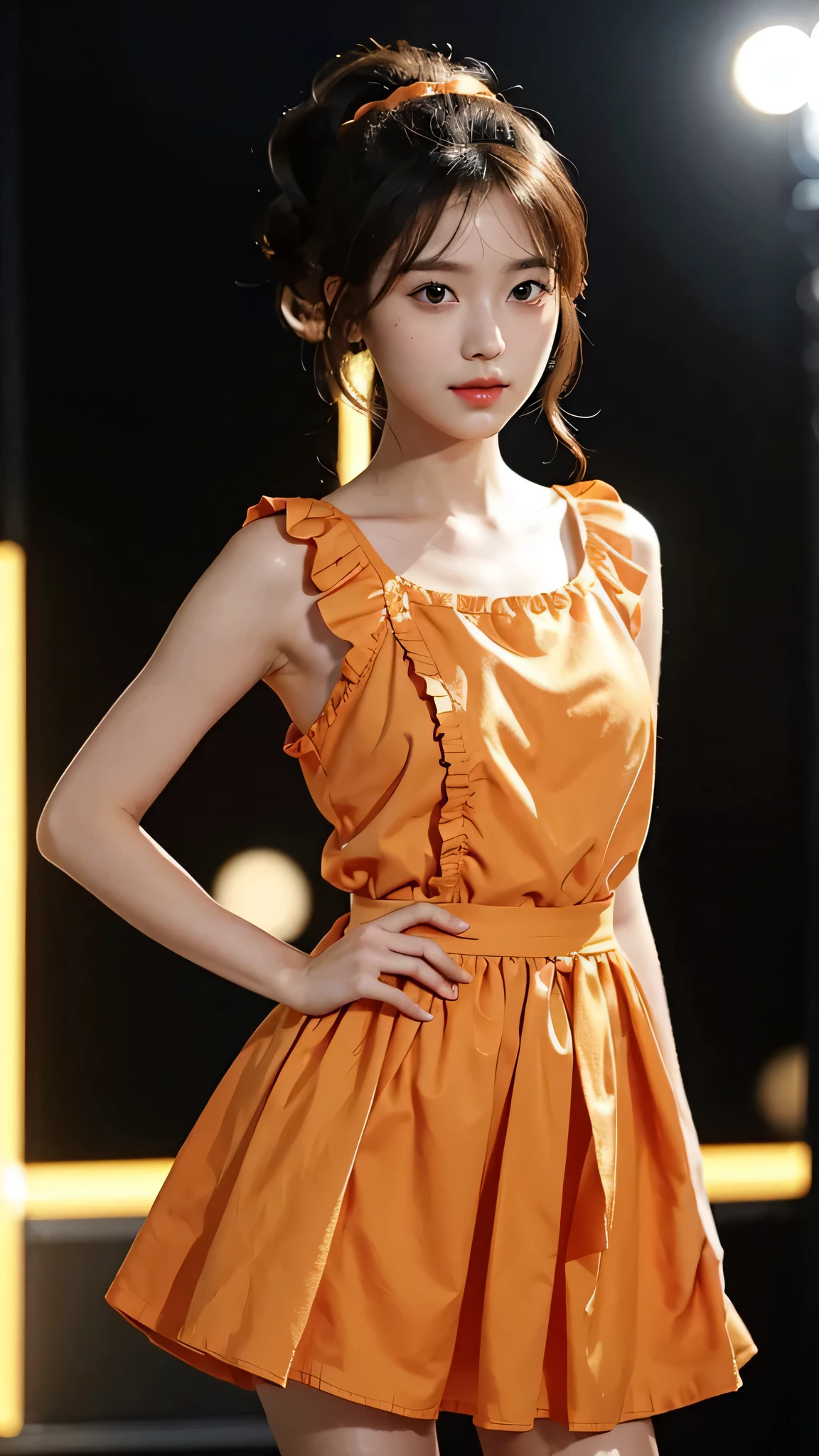 One woman,fully body photo,masutepiece, The highest image quality, High quality, the background is clear,Beautiful woman, Japanese, Detailed, Detailed eyes, Detailed skin, Beautiful skin, 超hight resolution, (reality: 1.4),Very beautiful woman, Slightly younger face, Beautiful skin, slender, (Ultra photo realsisim), (hight resolution), (8K), (Very detailed) (beautifully detailed eyes), (super detailed),   (Detailed face), view the viewer, Fine details, Detailed face, Staring straight ahead, Staring straight ahead, photos realistic, Bright lighting, Professional Lighting, Black hair,poneyTail,a baby face,sixteen years old,Hairstyle is ponytail,long ponytail hairstyle,slight smile,Long orange dress with lots of ruffles, soft shaped skirt, standing on stage, orange ribbon on her head, not revealing too much skin, she is wearing a skirt with lots of ruffles.