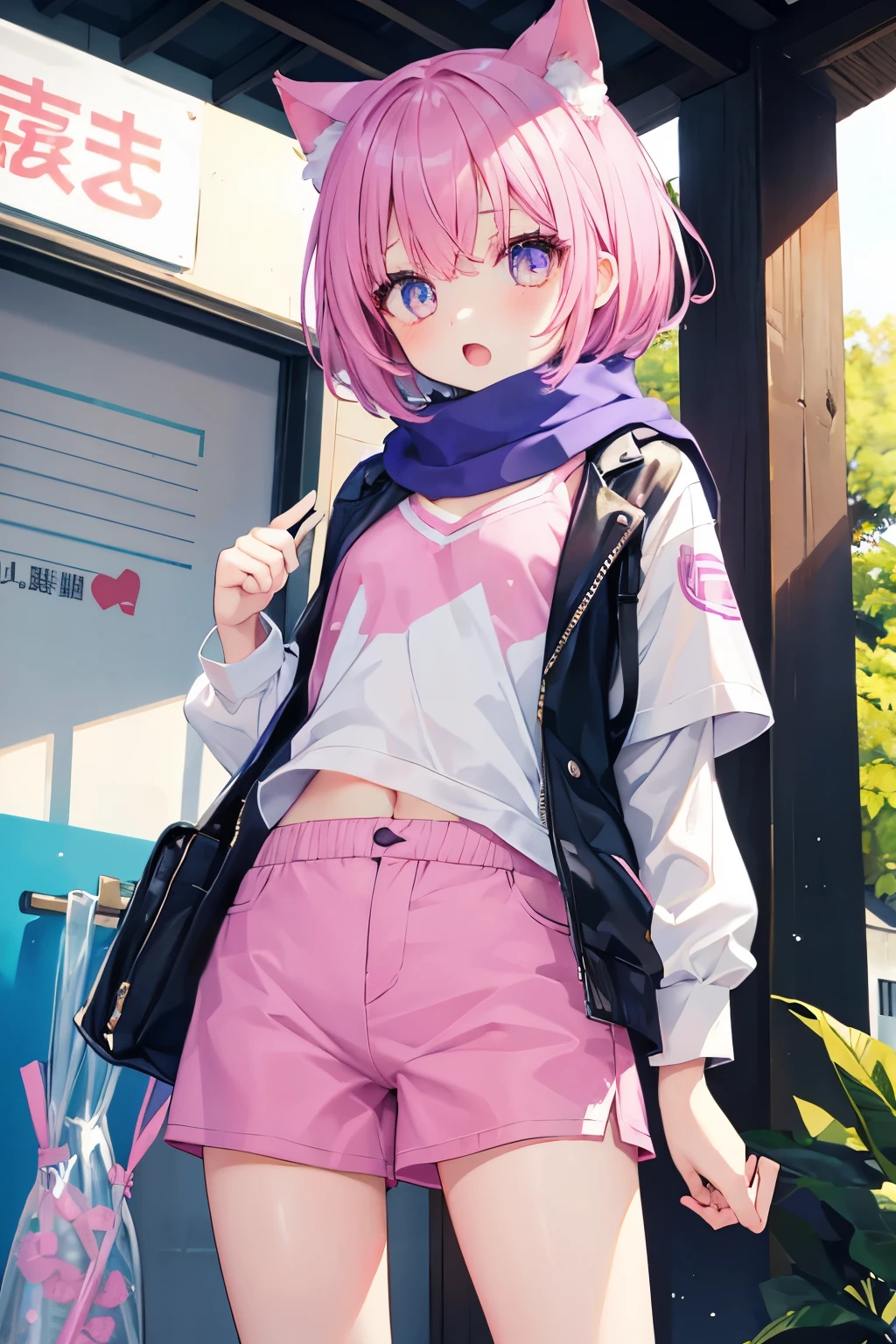 Very beautiful and shining eyes、shining eyes、1 girl、small breasts、big mouth、high school girl、small breasts、Cat ear、Transparent pink short hair、scarf、hot pants、transparent clothes、childish clothes、7 girl