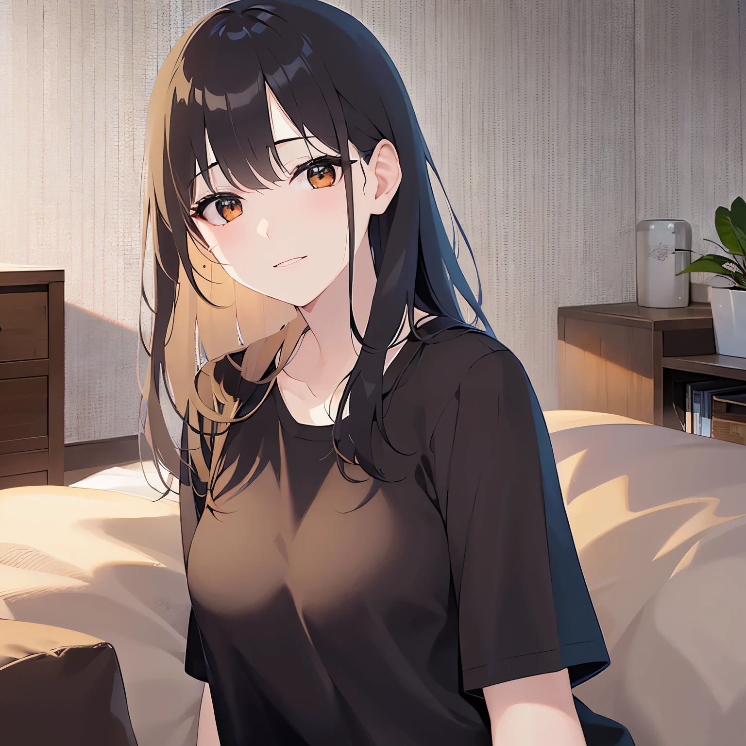 (Placing hand on chest:1.3), Upper Body, Realistic, real person, (pale skin: 1.2), RAW photo, photorealistic, portrait photography, shiny skin, japanese idol、shiny hair、(25 year old woman with medium hair with bangs) and (wavy hair) and (brown hair) and (orange eyes) , (black) and (T-shirt) and (oversize) 、(sad:1.2), smile, The background is the living room、Alone、Are standing