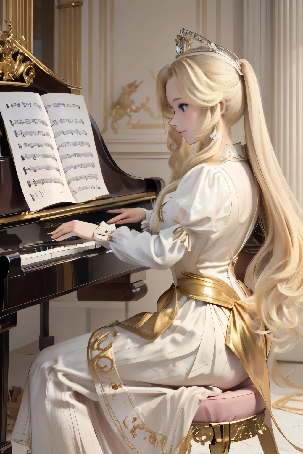 A noble princess is playing the piano，There is a golden retriever lying at your feet；victorian era，Crisp white skirt，Blonde，Looks as beautiful as an angel，Elegant temperament