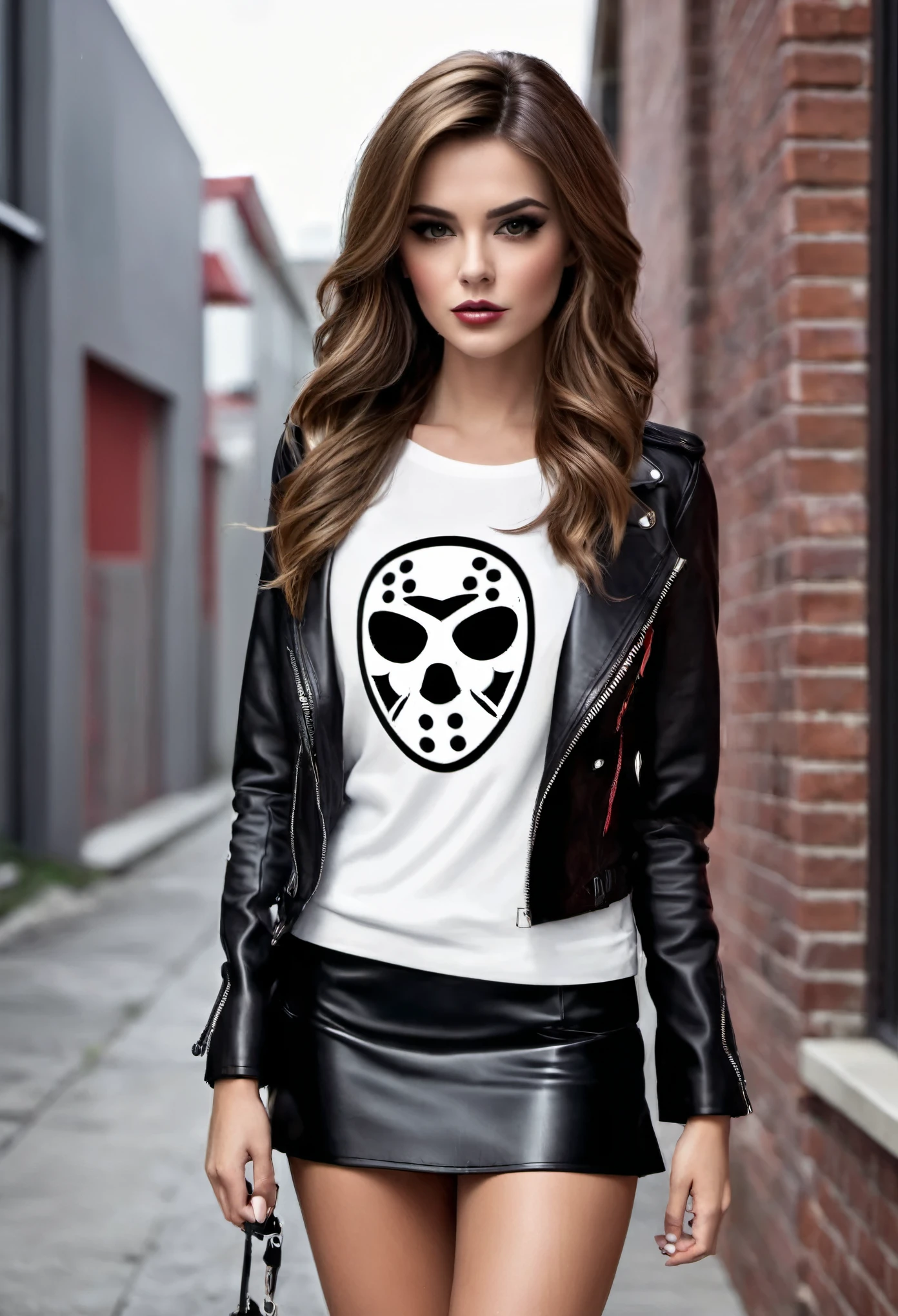 Create a unique and bold clothing design for a Beautiful Young woman that combines Jason's iconic look from Friday the 13th with a modern and feminine touch. The clothing should incorporate recognizable elements of the character, such as the hockey mask without covering the mouth and the worn leather jacket, but adapted in an elegant and provocative way for a woman. Add a fitted black mini skirt for a touch of contemporary and flirty style. The combination of the miniskirt with Jason's signature elements should create a surprising and attractive contrast. Make sure the design is unique and original, capturing the essence of the character while adapting to feminine style and current fashion trends. The final image must be generated in super high definition to ensure a detailed and vivid display of all design elements