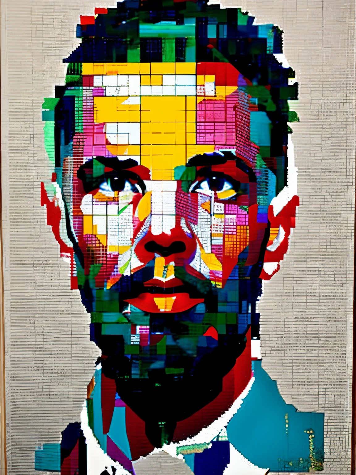 American hyperrealist painter Chuck Close（Chuck Close）The works are the product of the combination of photography attributes and aesthetics。He divided the canvas into tiny colored units，Fill neat squares with translucent color blocks，It shows how digital technology formats people’s visual experience.、Impact of fragmentation。a small abstract painting，Represent a specific face by injecting blocks of digital pixels，