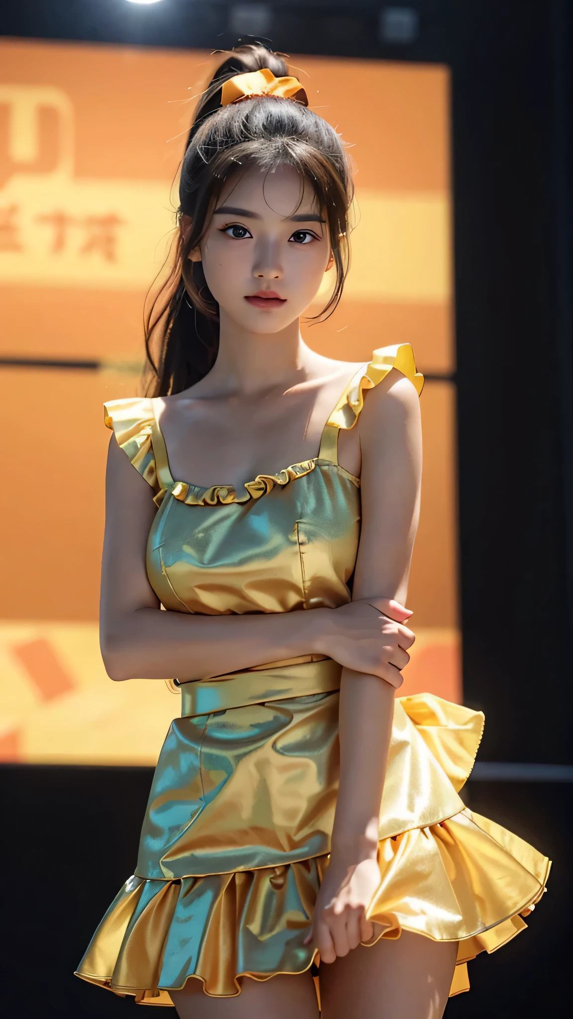 One woman,fully body photo,masutepiece, The highest image quality, High quality, the background is clear,Beautiful woman, Japanese, Detailed, Detailed eyes, Detailed skin, Beautiful skin, 超hight resolution, (reality: 1.4),Very beautiful woman, Slightly younger face, Beautiful skin, slender, (Ultra photo realsisim), (hight resolution), (8K), (Very detailed) (beautifully detailed eyes), (super detailed),   (Detailed face), view the viewer, Fine details, Detailed face, Staring straight ahead, Staring straight ahead, photos realistic, Bright lighting, Professional Lighting, Black hair,poneyTail,a baby face,sixteen years old,Hairstyle is ponytail,long ponytail hairstyle,slight smile,Long orange dress with lots of ruffles, soft shaped skirt, standing on stage, orange ribbon on her head, not revealing too much skin, she is wearing a skirt with lots of ruffles.