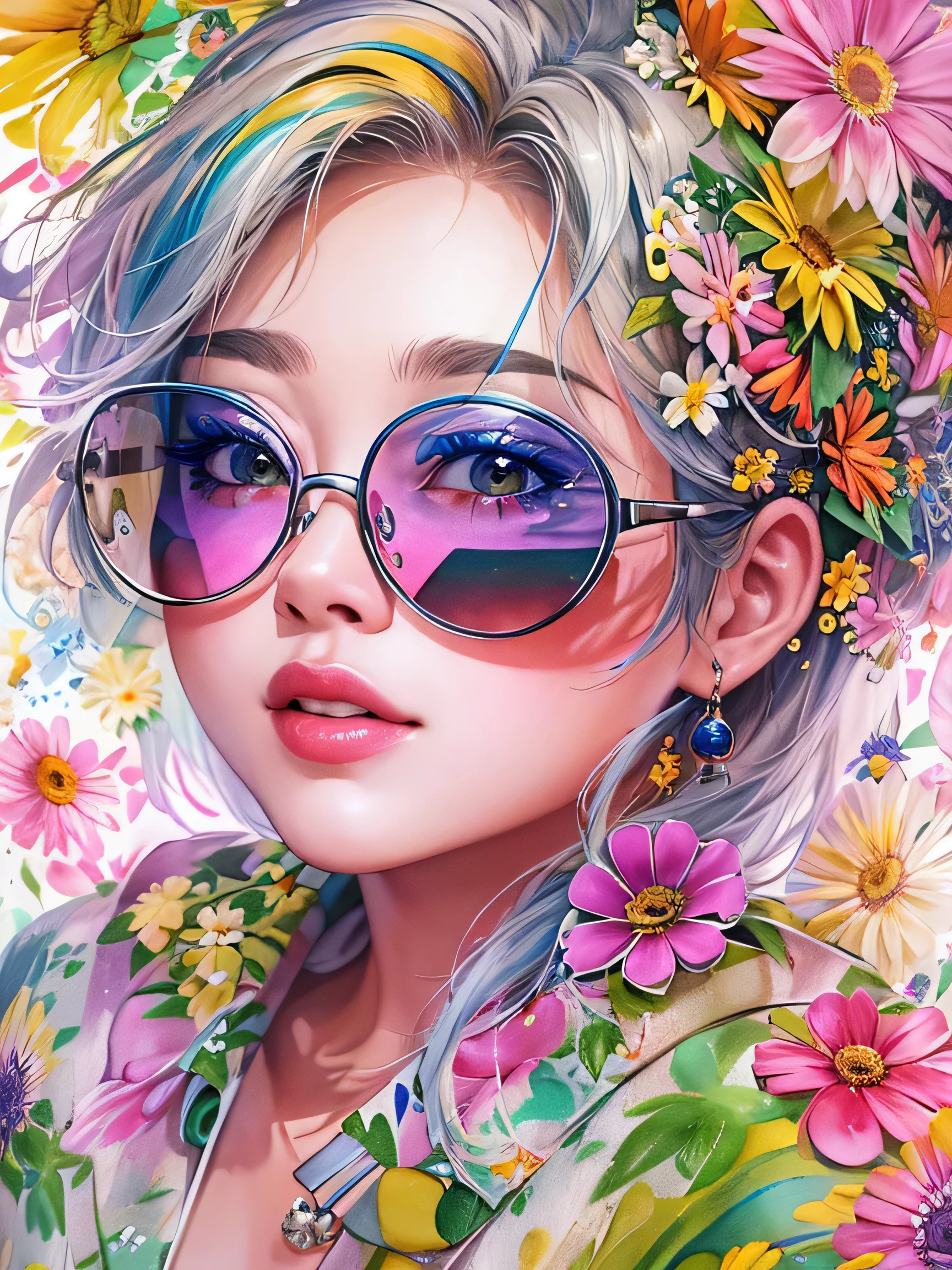 8K quality, watercolor painting, stylish design, (((The strongest beautiful girl of all time))), (((Japanese)))、Idol、clear, Stylish sunglasses, Fashionable hats, (((highest quality))), bob hair, put your hand on the wall, HDR, ((Detailed details)), stylish fashion, detailed clothing texture, (((graffiti art))), colorful hair, ((masterpiece))、((Super detailed))、(((colorful flowers)))、Navel exposure、I can see your nipples、Fashionable underwear