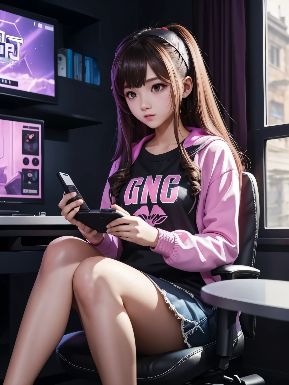 16 years beautiful cute Girl play mobile game in beautiful echo freindly gaming room sitting in gaming cherir wearing head ohone