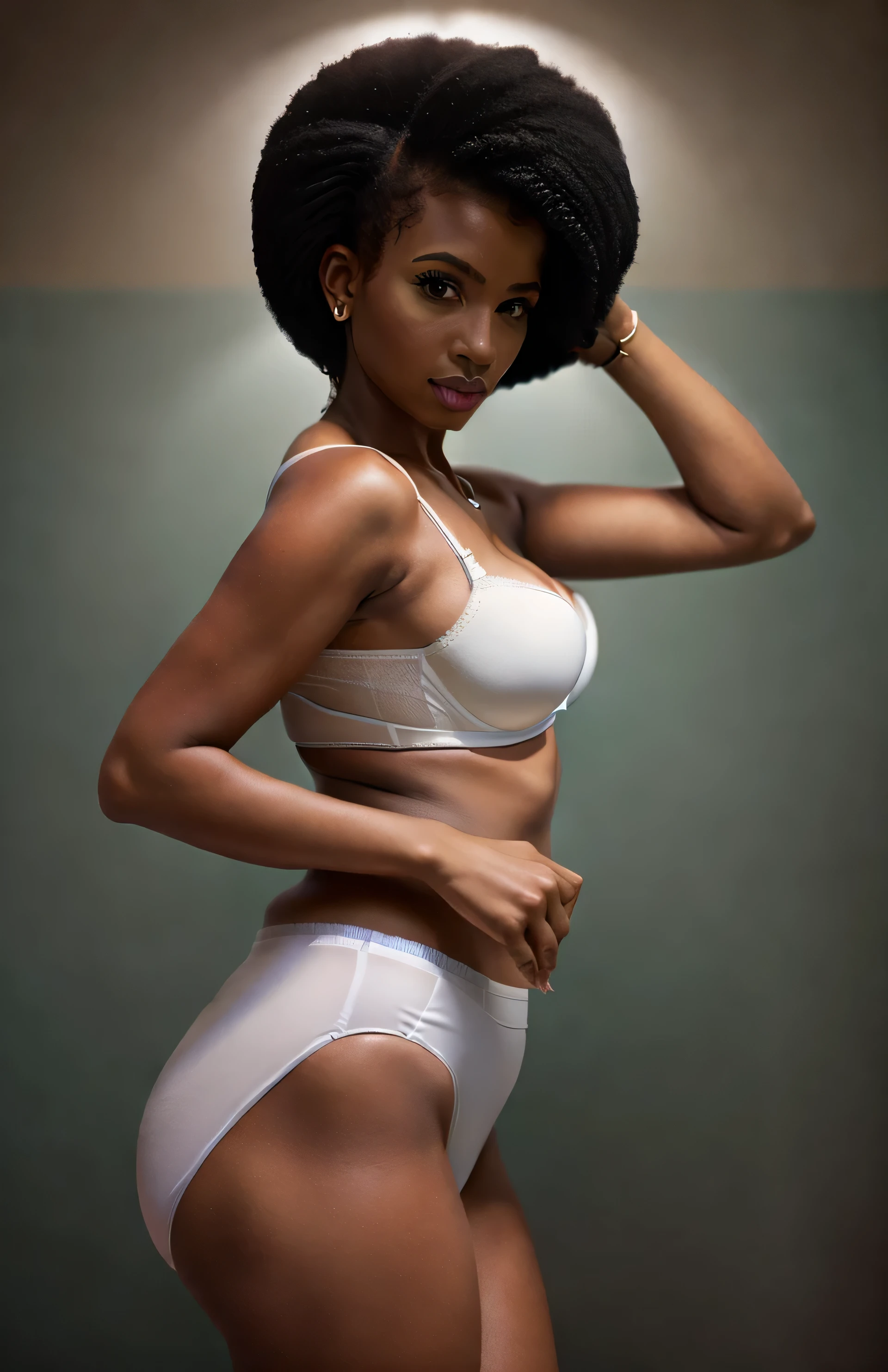 ((((masterpiece, best quality)))), ((33 year old)), (((Curvy))), ((Black woman with black afro)), in ((white bra)), ((white high cut fullback panties)), ((Large Hips)), ((Standing in a cluttered bathroom)), (((photo realistic)))