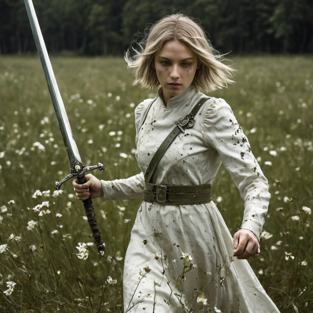 Super Closeup Portrait, action shot, Profoundly dark whiteish meadow, glass flowers, Stains, space grunge style, Jeanne d Arc wearing White Olive green used styled Cotton frock, Wielding thin silver sword, Sci-fi vibe, dirty, noisy, Vintage monk style, very detailed, hd,


