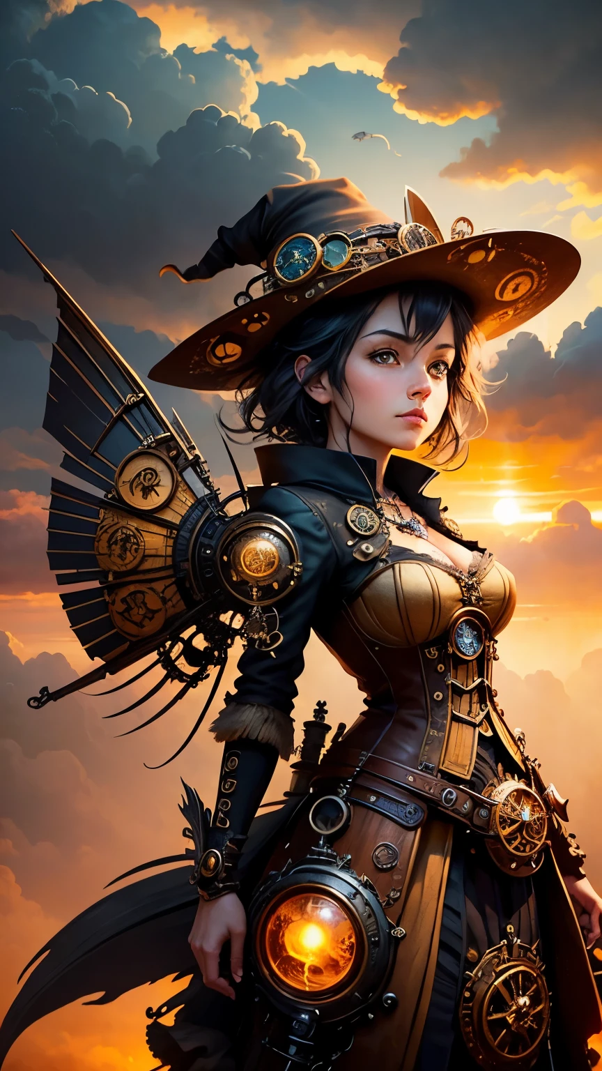 steampunkai。highest quality。masterpiece。detailed details。one woman。steampunk witch。Fly through the sky on a broom。The background is dynamic clouds at sunset。