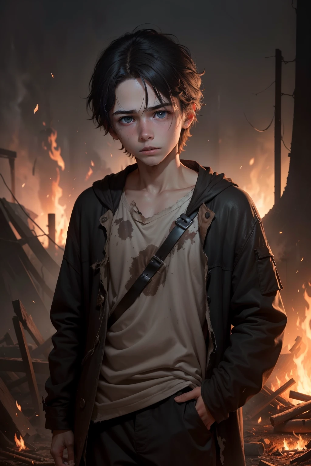 A young boy, his clothes tattered and singed, stands among the ashes of a once vibrant campfire. His eyes wide with a mixture of awe and fear, as the last embers of the fire slowly fade away. His hair, once untamed and full of energy, now hangs limp and matted against his forehead. The once bright and crackling fire now reduced to a smoldering ember, starkly highlights the boy's pale, soot-stained face. The scene around him remains silent, as if the world itself holds its breath, waiting for the boy to recover from the awe-inspiring yet terrifying experience of witnessing a "boy burn out" - the