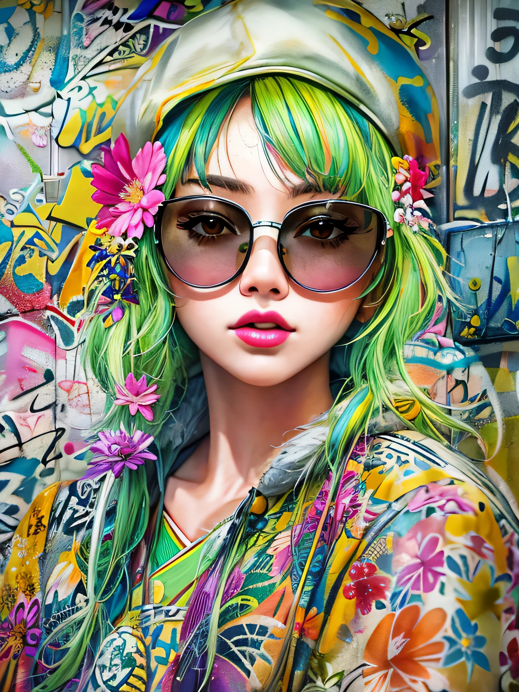 8K quality, watercolor painting, stylish design, (((The strongest beautiful girl of all time))), (((Japanese)))、Idol、clear, Stylish sunglasses, Fashionable hats, (((highest quality))), bob hair, Place your hands on the wall, HDR, ((Detailed details)), stylish fashion, detailed clothing texture, (((graffiti art))), colorful hair, ((masterpiece))、((Super detailed))、(((colorful flowers)))