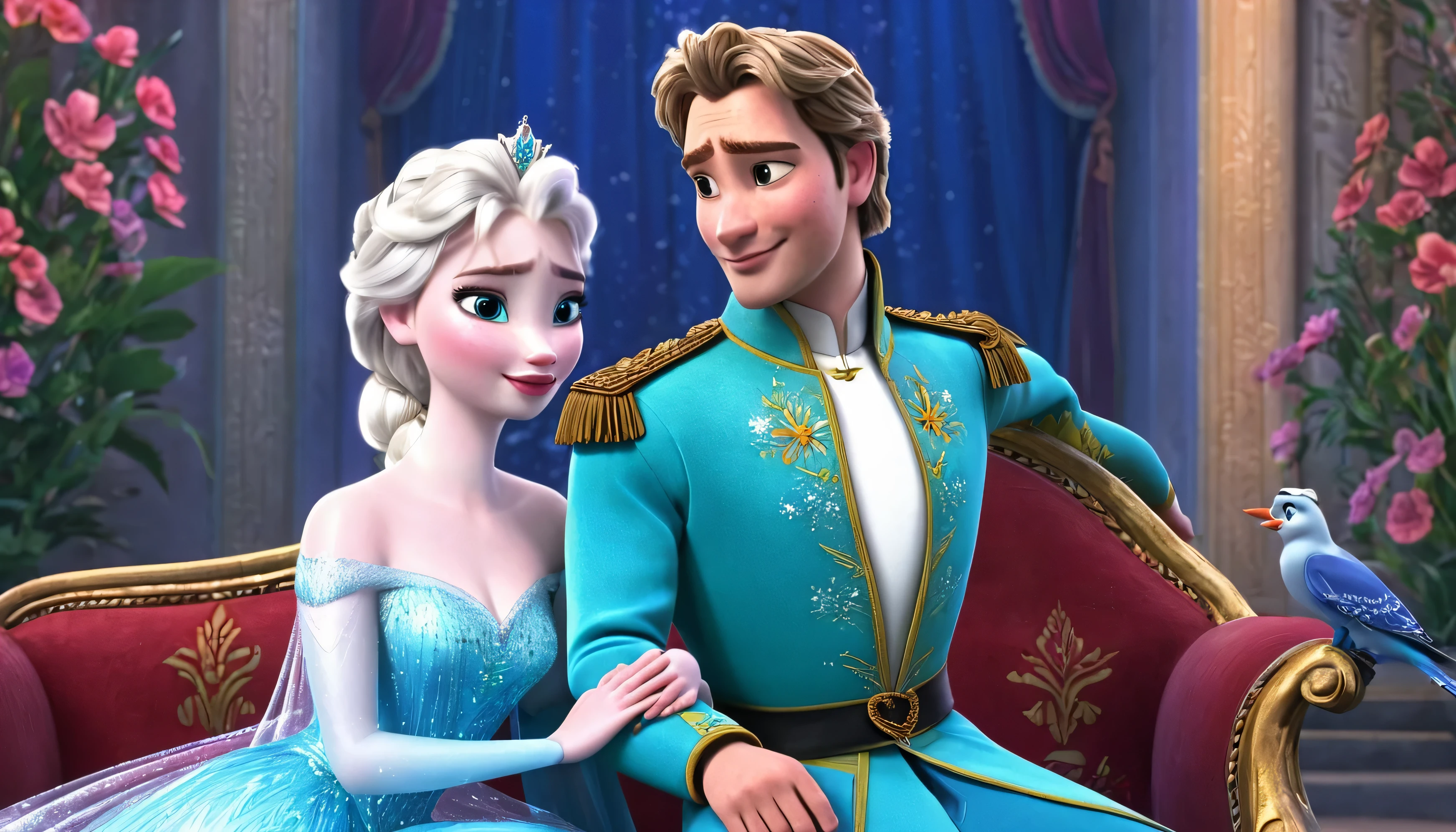 Elsa de la reine des neiges avec un homme couple amoureux assis cote a cote