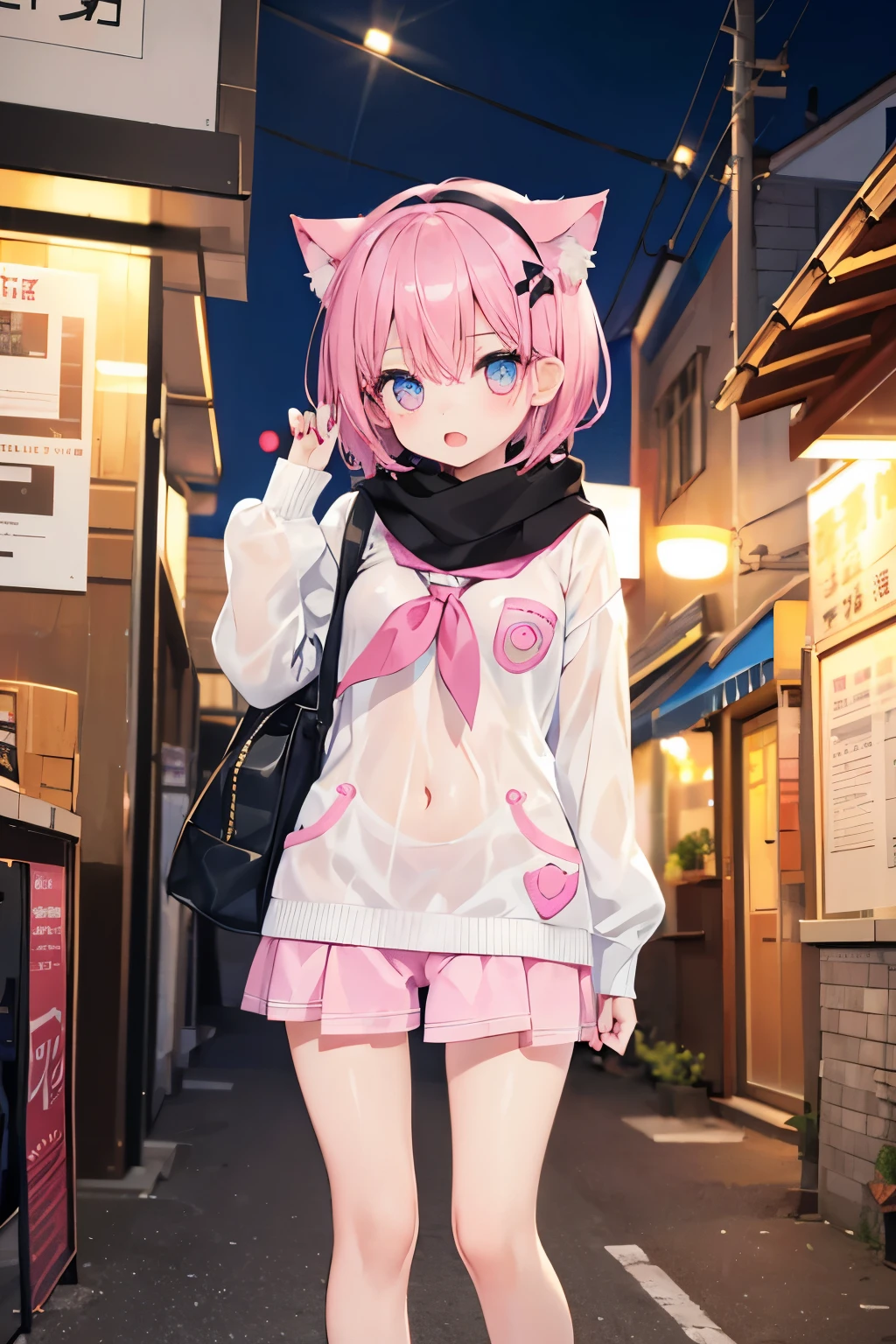 Very beautiful and shining eyes、shining eyes、1 girl、small breasts、big mouth、high school girl、small breasts、Cat ear、Transparent pink short hair、scarf、hot pants、transparent clothes、childish clothes、7 year old girl