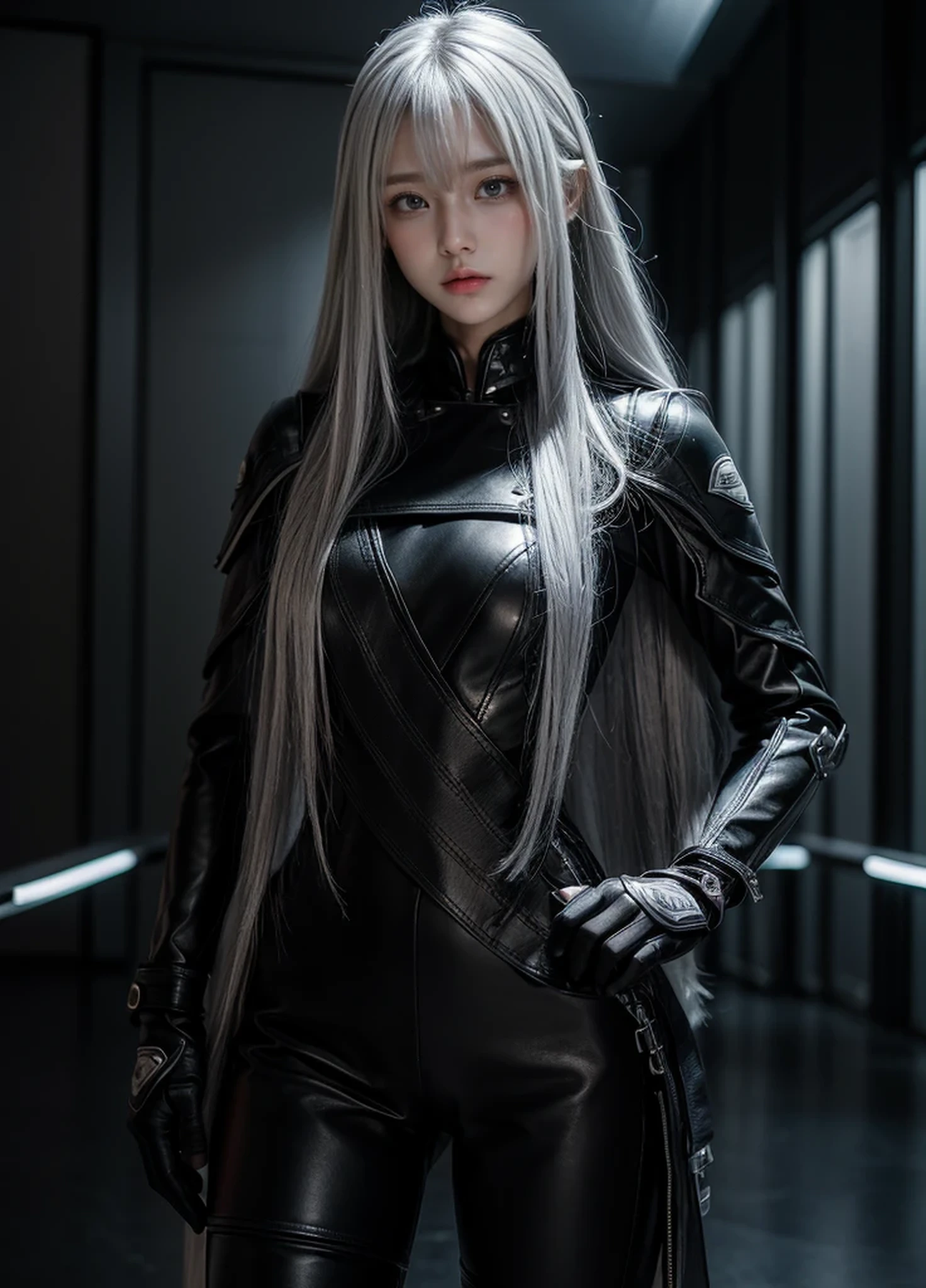 waist length hair,shiny hair,4 fingers,sharp gaze,{{{{{White eyes}}}}},{{{{{White eyes}}}}},{long hair},{{straight hair}},black gloves,black clothes,black military suit,{military},{{{{{dull bangs}}}}},Hard hair,(slanted eyes},{{whole body},{{{1 girl}}}, {{{{silver hair}}}},{{{tsurime}}},36 years old,white people,silver eyes,thin,{{{masterpiece}}}, {{{highest quality}}}, {{Super detailed}}, {shape}, {{very delicate and beautiful}},very detailed,Detailed completeness,detailed hyper,military clothes,{{bangs}}