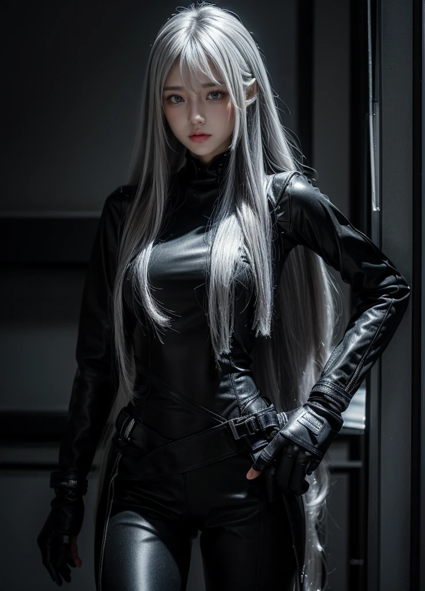 waist length hair,shiny hair,4 fingers,sharp gaze,{{{{{White eyes}}}}},{{{{{White eyes}}}}},{long hair},{{straight hair}},black gloves,black clothes,black military suit,{military},{{{{{dull bangs}}}}},Hard hair,(slanted eyes},{{whole body},{{{1 girl}}}, {{{{silver hair}}}},{{{tsurime}}},36 years old,white people,silver eyes,thin,{{{masterpiece}}}, {{{highest quality}}}, {{Super detailed}}, {shape}, {{very delicate and beautiful}},very detailed,Detailed completeness,detailed hyper,military clothes,{{bangs}}