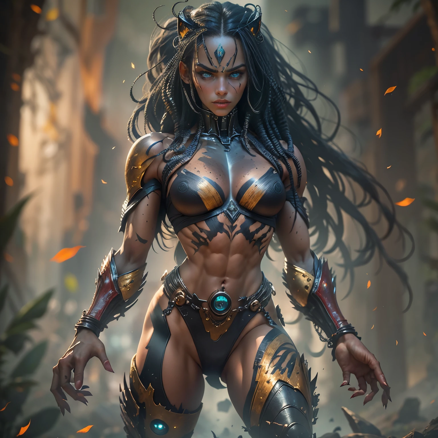 best quality, ultra-detailed, (photorealistic:1.37), 1 female alien, The Predator, warrior, (very beautiful:1.2), (intense gaze:1.4), (Predator:1.1), long dark nails, NSFW, nipple, thick eyebrows, Shining emerald eyes, the most beautiful face in the universe, black hair,
A woman with an very beautiful face, her intense gaze fixed on her prey, fundamental power that cannot be denied.
(very beautiful toned body:1.5), (super muscular physique:1.2), (prowl:1.3), (smooth movement:1.4),
her beautiful body, muscular and toned, She moved smoothly and gracefully as she wandered., Ready to attack immediately. The Predator within her was always on