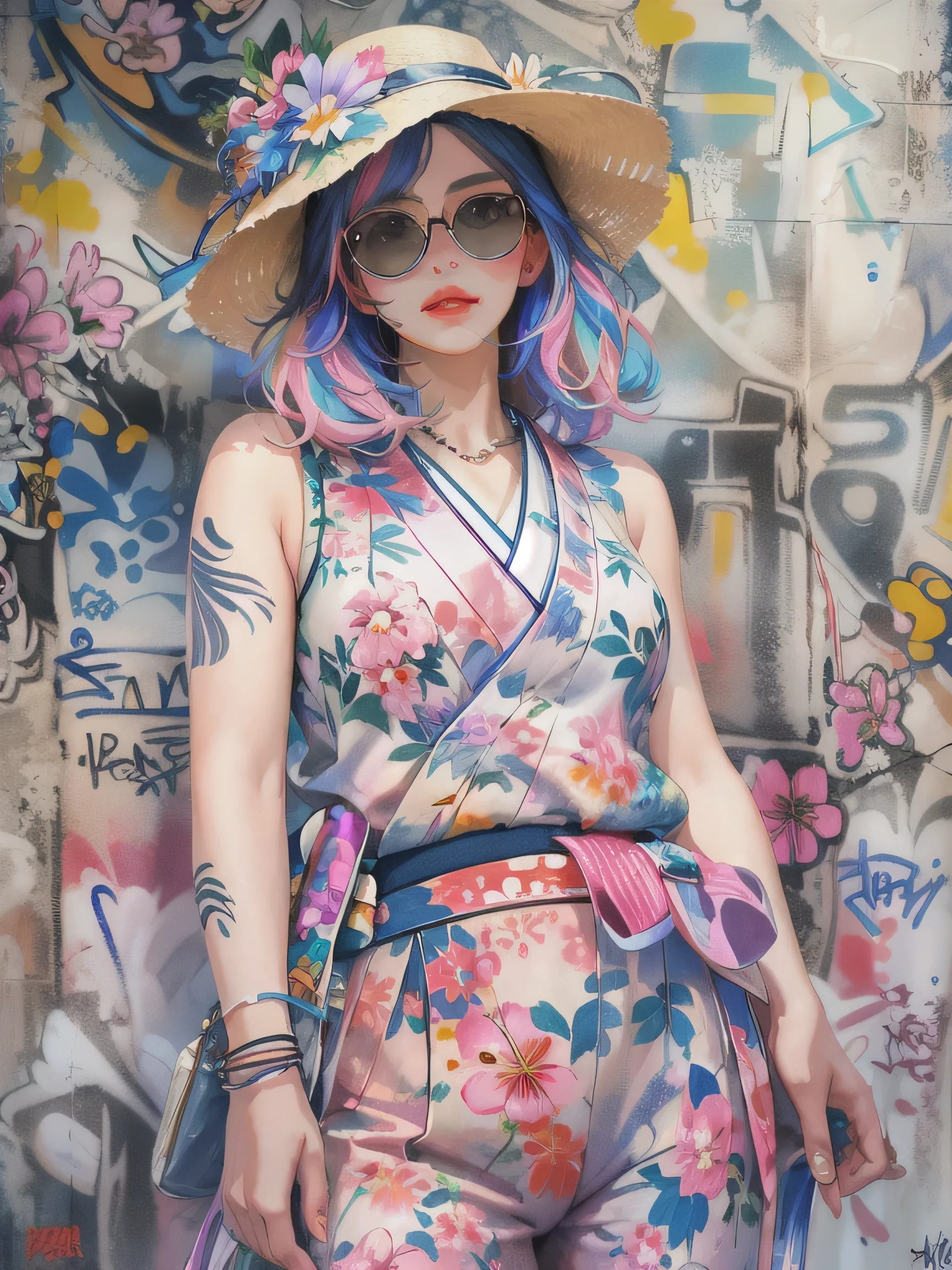 8K quality, watercolor painting, stylish design, (((The strongest beautiful girl of all time))), (((Japanese)))、Idol、clear, Stylish sunglasses, Fashionable hats, (((highest quality))), bob hair, HDR, ((Detailed details)), stylish fashion, detailed clothing texture, (((graffiti art))), colorful hair, ((masterpiece))、((Super detailed))、colorful flowers、No bra、No panties、((small breasts))