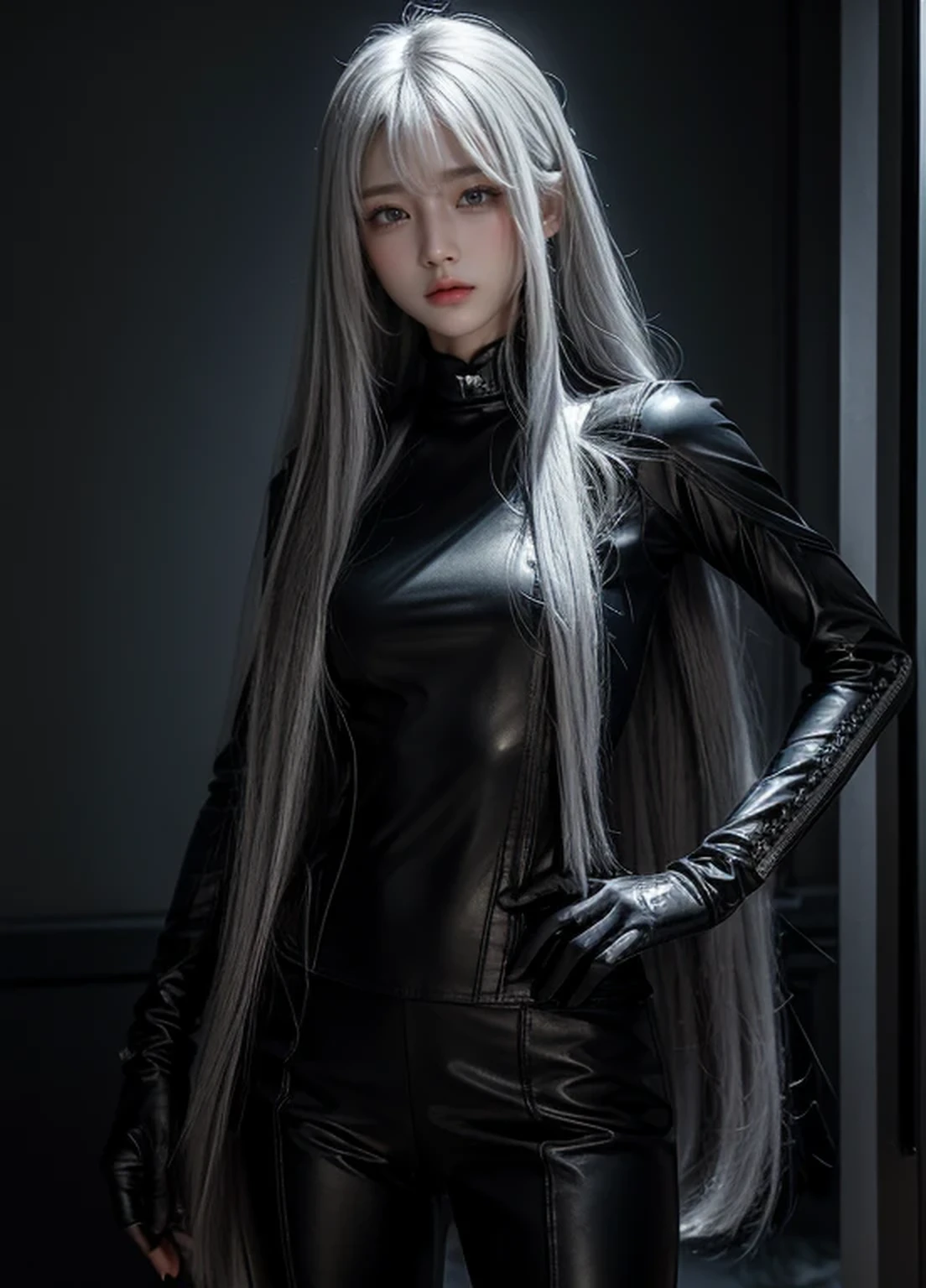 waist length hair,shiny hair,4 fingers,sharp gaze,{{{{{White eyes}}}}},{{{{{White eyes}}}}},{long hair},{{straight hair}},black gloves,black clothes,black military suit,{military},{{{{{dull bangs}}}}},Hard hair,(slanted eyes},{{whole body},{{{1 girl}}}, {{{{silver hair}}}},{{{tsurime}}},36 years old,white people,silver eyes,thin,{{{masterpiece}}}, {{{highest quality}}}, {{Super detailed}}, {shape}, {{very delicate and beautiful}},very detailed,Detailed completeness,detailed hyper,military clothes,{{bangs}}