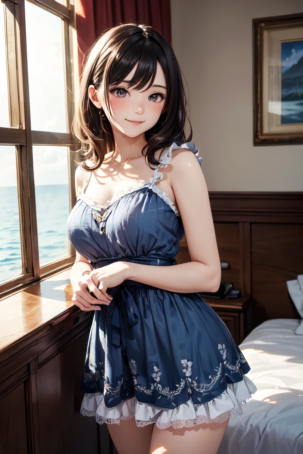 very cute and beautiful girl standing near window,(floral blue summer dress with detailed frills),sleeveless,detailed lace,(skirt lift,white panties), (highly detailed beautiful face),antique hotel bedroom with outside view,distant trees and ocean, cowboy shot,(smile),blush,looking at viewer,medium hair,black hair, (best quality,masterpiece:1.2),absurdres,highres,ultra-detailed,extremely detailed,32k,8k resolution, intricate details,cinematic scene,detailed background,solo,dynamic angle, natural lighting,light particles,beautiful detailed sky,