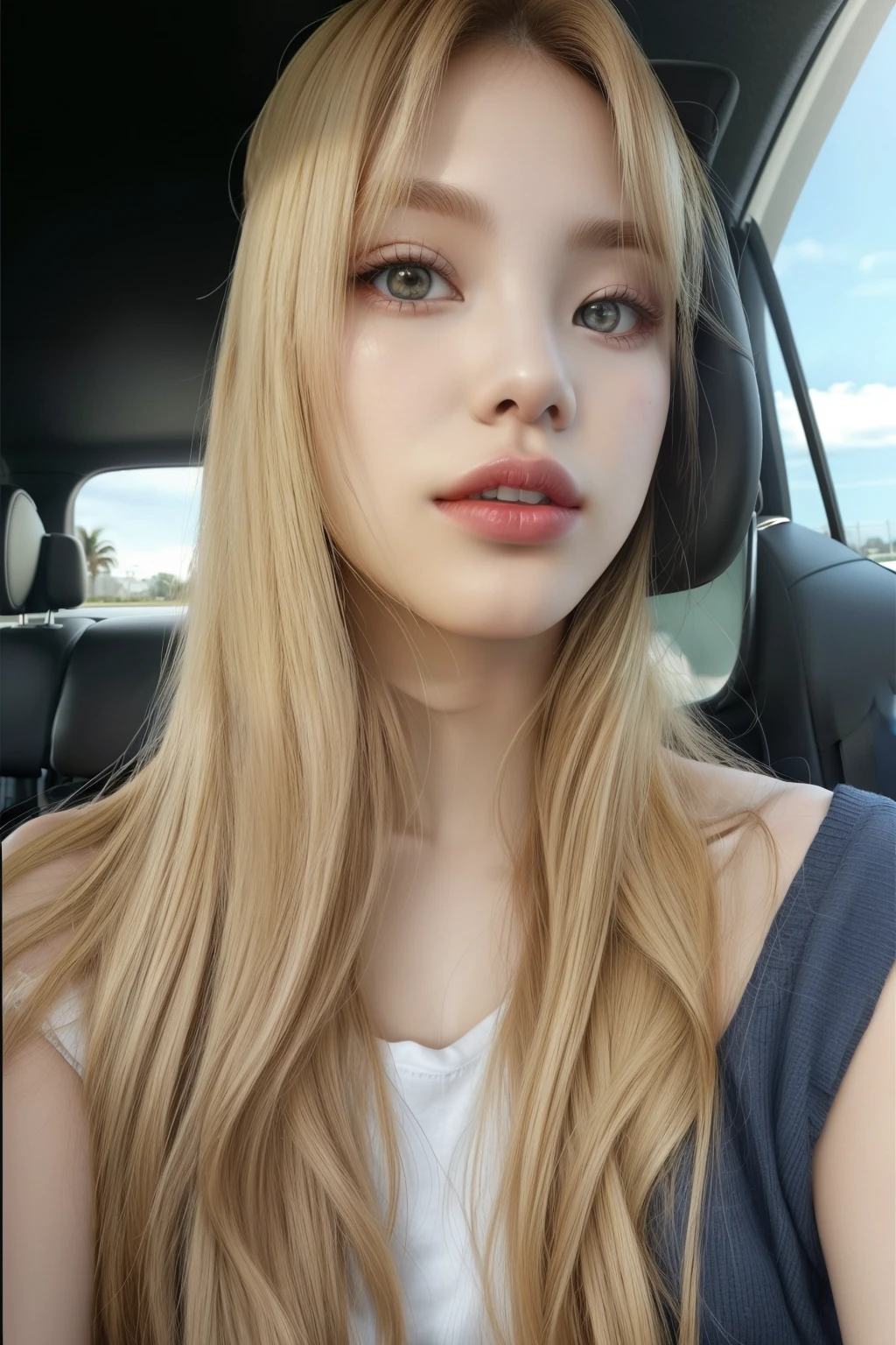 blond woman Com cabelo comprido sitting in car with red lipstick, 18 anos de idade, 1 6 anos, com longos cabelos loiros,  de 19 anos, with pale skin, Com cabelo comprido, longos cabelos loiros e olhos grandes, pale and glowing skin, she is about 1 6 anos, Jennie kim, jenny from Blackpink, Blackpink jennie, Jennie Kim, com cabelos loiros muito longos