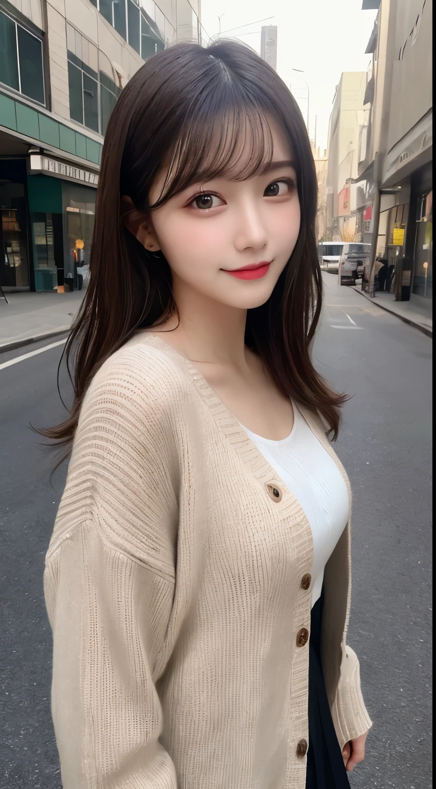 table top, highest quality, shape, Super detailed, finely, High resolution, 8k wallpaper, 完璧なダイナミックな構shape, beautiful and detailed eyes, small breasts, natural color lip, random sexy pose,smile,big city、20 year old girl、midnight、Beautiful and dense face、perfect and beautiful face,Big eyes、real photos（best image quality）,mini skirt、dress up one piece（long sleeve/blouse）、cardigan