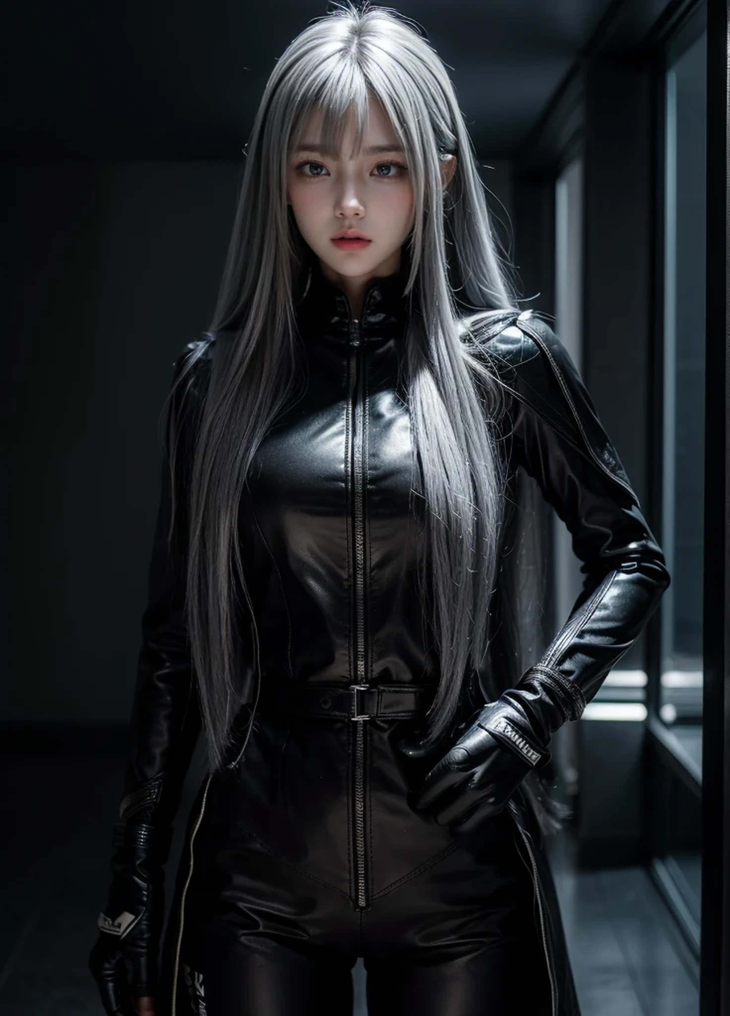 waist length hair,shiny hair,4 fingers,sharp gaze,{{{{{White eyes}}}}},{{{{{White eyes}}}}},{long hair},{{straight hair}},black gloves,black clothes,black military suit,{military},{{{{{dull bangs}}}}},Hard hair,(slanted eyes},{{whole body},{{{1 girl}}}, {{{{silver hair}}}},{{{tsurime}}},36 years old,white people,silver eyes,thin,{{{masterpiece}}}, {{{highest quality}}}, {{Super detailed}}, {shape}, {{very delicate and beautiful}},very detailed,Detailed completeness,detailed hyper,military clothes,{{bangs}}