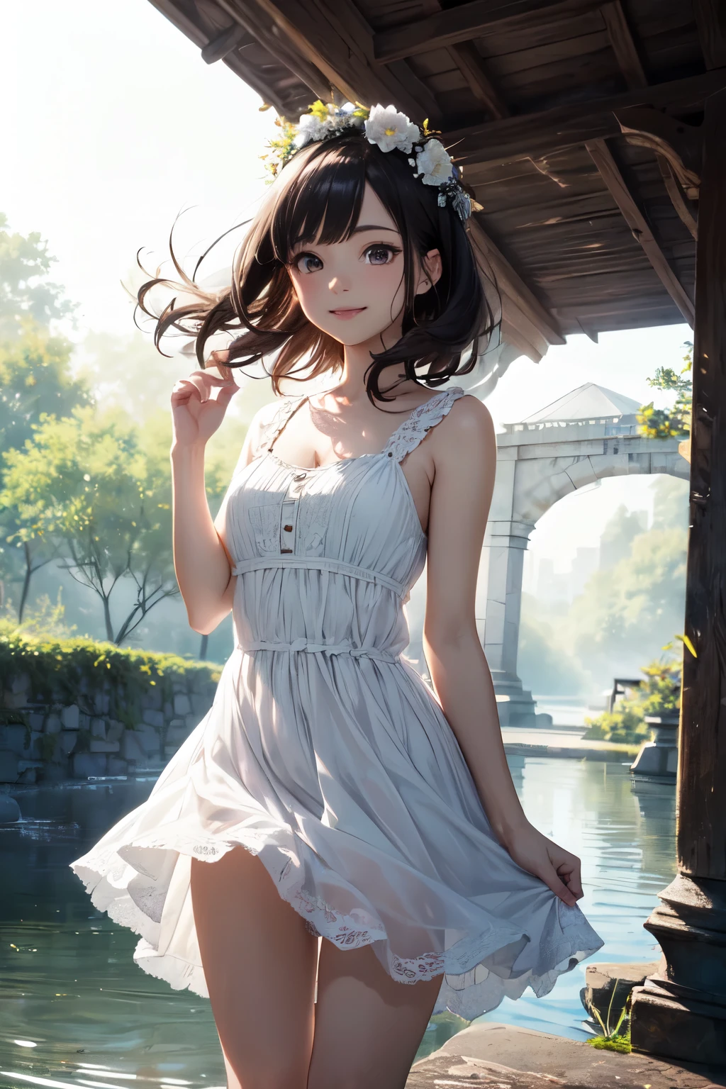 very cute and beautiful girl,frilled white summer dress with detailed lace,(skirt lift,white panties),
(highly detailed beautiful face),(smile),black hair,flower crown,
(standing near water spring in forest),fog,fantastic stone monument,detailed landscape,
(best quality,masterpiece:1.2),absurdres,highres,ultra-detailed,extremely detailed,32k,8k resolution,
intricate details,cinematic scene,detailed background,solo,dynamic angle,
cinematic lighting,dim light,hair fluttering in the wind,