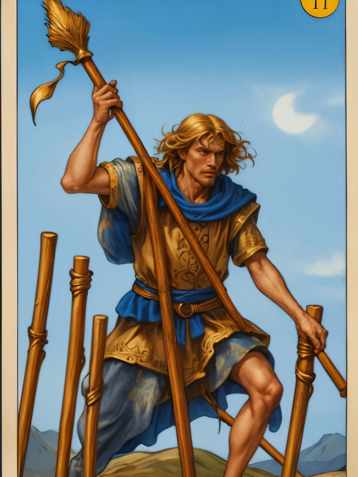 The Tarot card "seven of wands" depicts a man with a wooden staff, he stubbornly fights off six other wooden staffs, stylized in blue and gold colors, full hd, hyper realistic, realistic style, the best quality