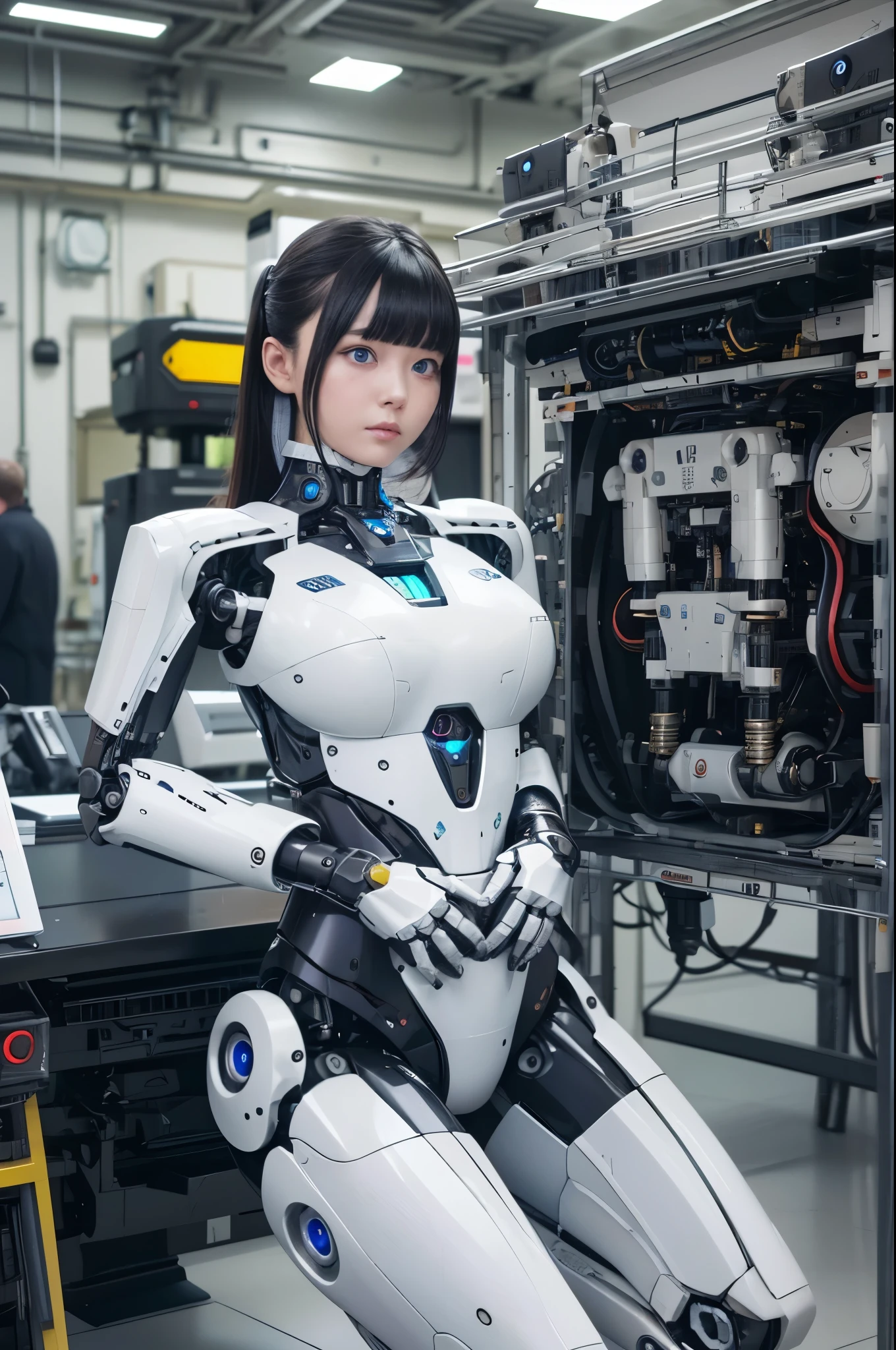 masterpiece, best quality, extremely detailed, 8K portrait,1girl in, Japaese android girl,android teacher,Plump , control panels,android,Droid,Mechanical Hand, ,Robot arms and legs, Black hair,Mechanical body,Blunt bangs,White Robotics Parts,perfect robot woman,Charging spot,perfect mechanical body,white robotics body,android assembly plant,white body,She has repaired,black sponge joints,android,laboratory,perfect machine body,white robot body,blue eyes