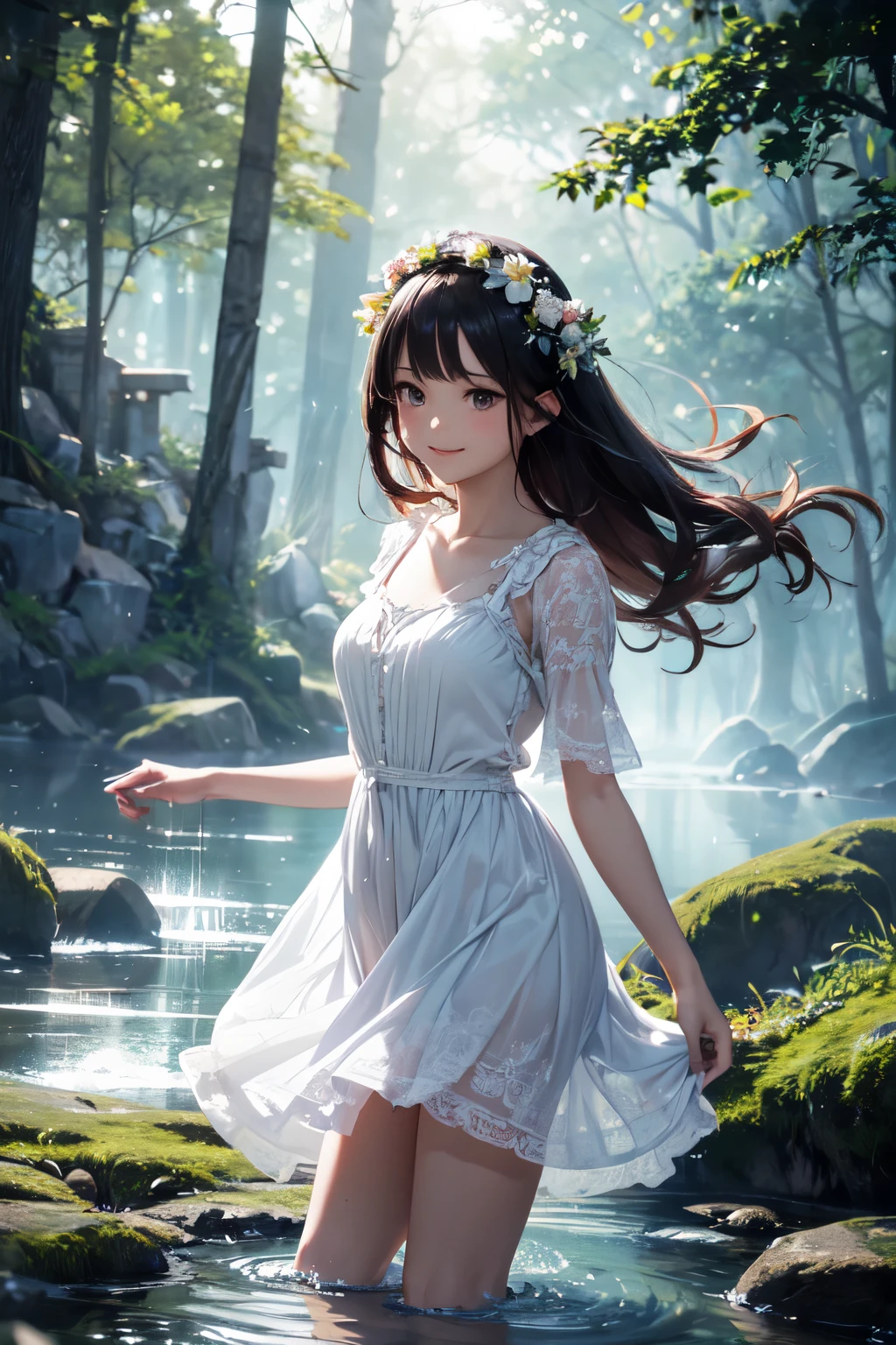 very cute and beautiful girl,frilled white summer dress with detailed lace,(skirt lift,white panties),
(highly detailed beautiful face),(smile),black hair,flower crown,
(standing near water spring in forest),fog,fantastic stone monument,detailed landscape,
(best quality,masterpiece:1.2),absurdres,highres,ultra-detailed,extremely detailed,32k,8k resolution,
intricate details,cinematic scene,detailed background,solo,dynamic angle,
cinematic lighting,dim light,hair fluttering in the wind,