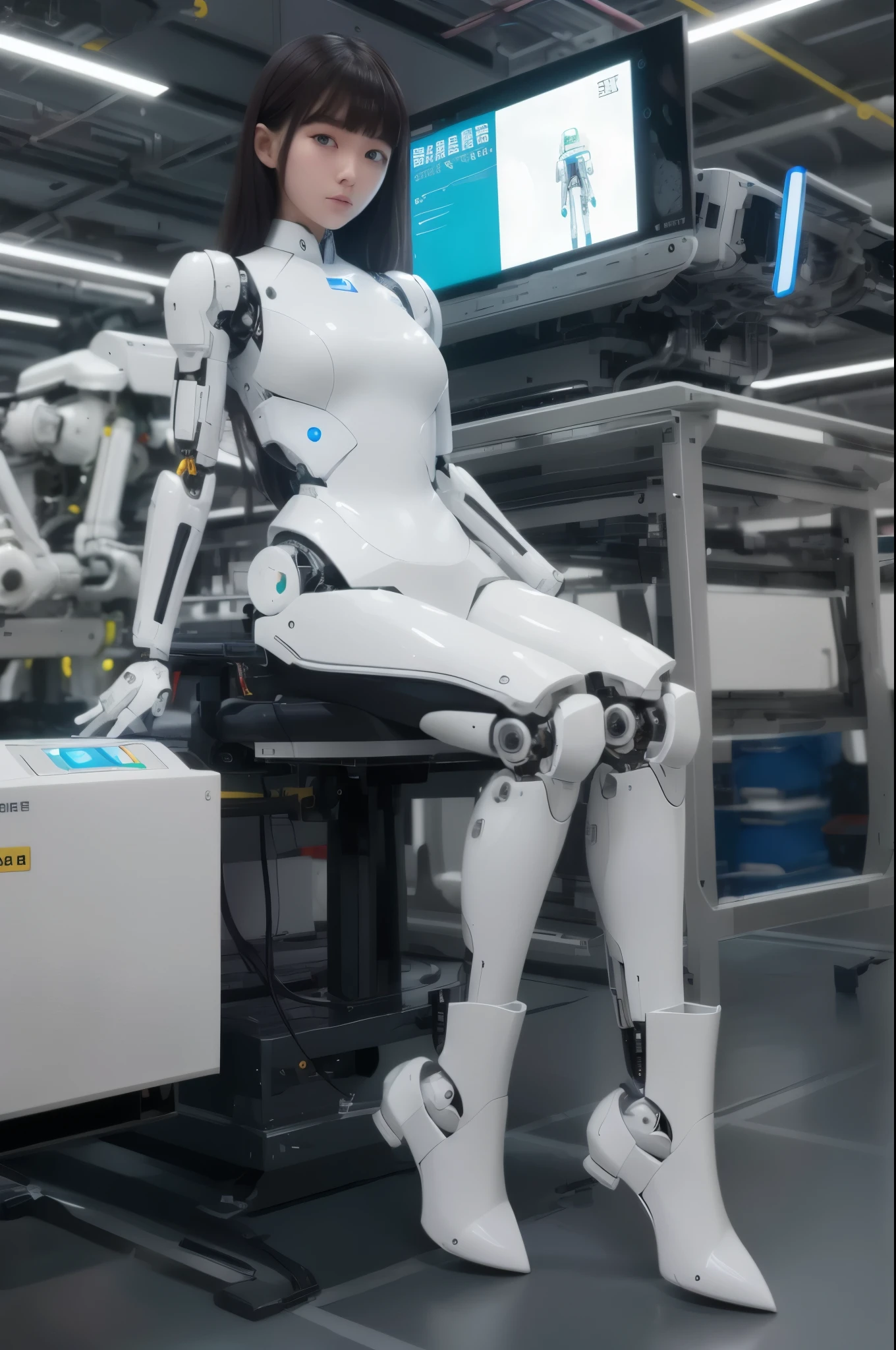 masterpiece, best quality, extremely detailed, 8K portrait,1girl in, Japaese android girl,android teacher,Plump , control panels,android,Droid,Mechanical Hand, ,Robot arms and legs, Black hair,Mechanical body,Blunt bangs,White Robotics Parts,perfect robot woman,Charging spot,perfect mechanical body,white robotics body,android assembly plant,white body,She has repaired,black sponge joints,android,laboratory,perfect machine body,white robot body,blue eyes