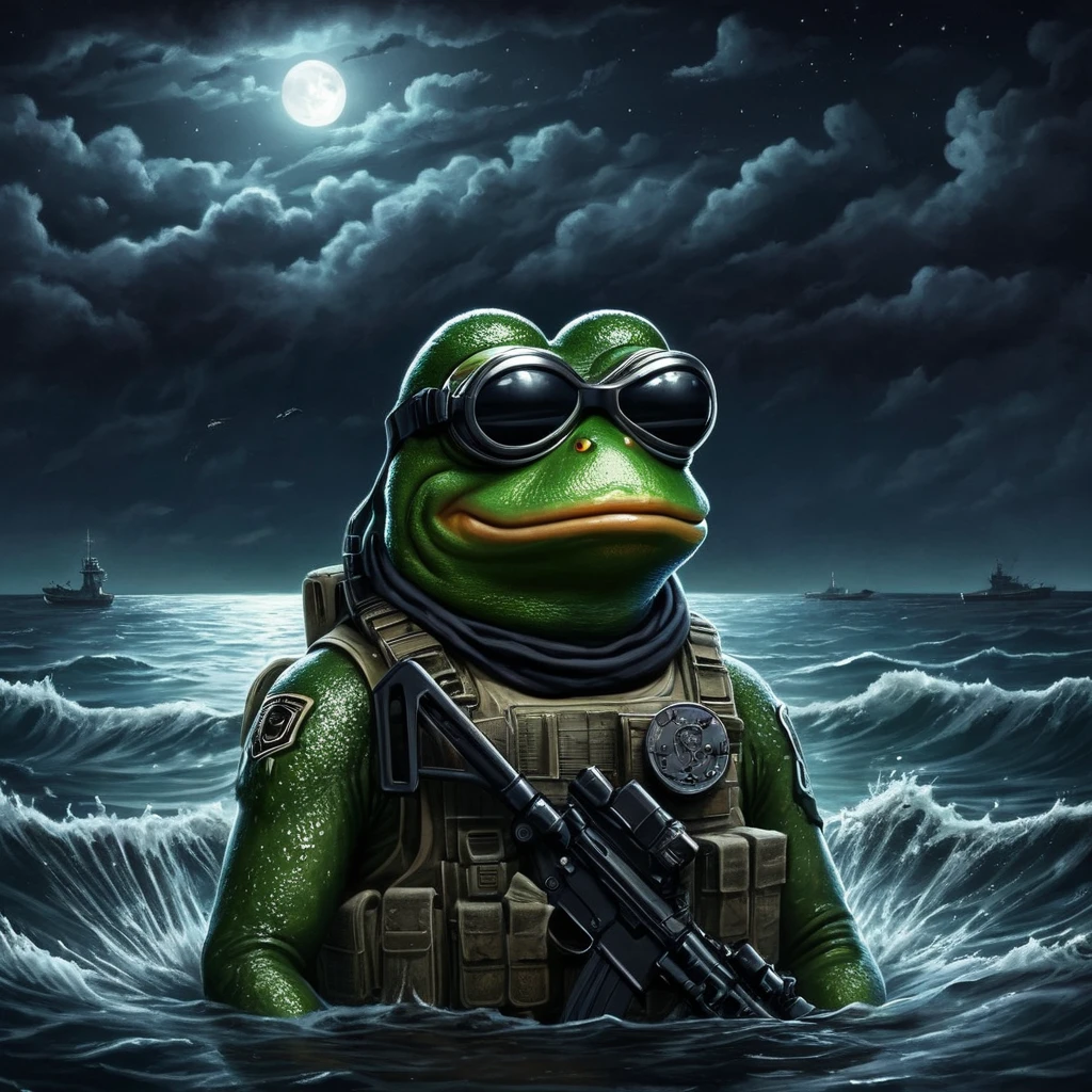 A tactical Navy Seal (Pepe the Frog:1.2) emerging from water in the middle of the night,equipped with night vision goggles and armed,with a dark,stealthy background,capturing the essence of a covert military operation. The scene is wide,showcasing the vastness of the night sea and sky,enhancing the atmosphere of secrecy and danger.,pepe_frog,