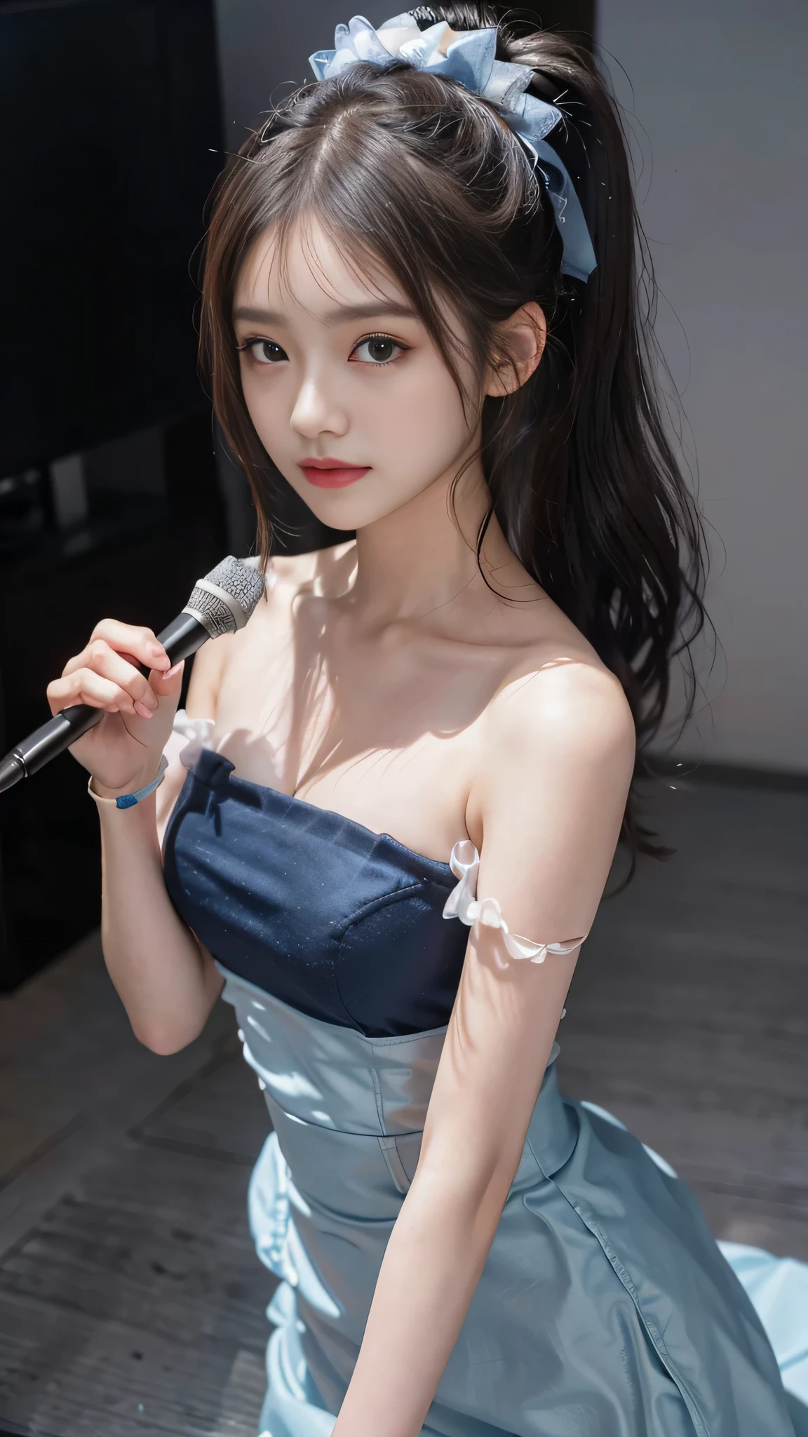 one woman,full body photo,table top, best image quality, high quality, The background is clear，Beautiful woman, Japanese, be familiar with, be familiar with eyes, be familiar with skin, beautiful skin, 超High resolution, (reality: 1.4),very beautiful woman, a little young face, beautiful skin, thin, (ultra photoreal sim), (High resolution), (8K), (非常にbe familiar with) (beautiful detailed eyes), (超be familiar with), (be familiar with face), view viewer, small details, be familiar with face, look straight ahead, look straight ahead, reality的な写真, bright lighting, professional lighting, black hair,ponytail,a baby face,15 years old,髪型はponytailです,ロングponytailの髪型,slight smile,neatly organized clothes,Beautiful Japanese KPOP idol photo, ヘアスタイルはponytailです, my eyes are double and wide, baby face, smile and look straight ahead, thin, small breasts,close your face,Long blue dress with lots of frills, soft shaped skirt, stand on stage, moderately exposed skin, have a microphone,blue ribbon on head,Avoid exposing too much skin,she is wearing a skirt with lots of frills.