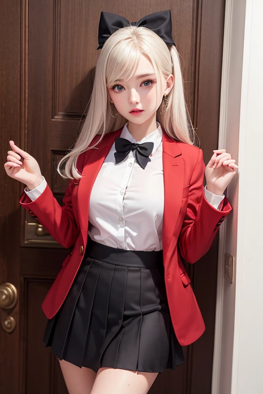 1 girl, alone, long hair, blue eyes, aphrodisiac hair, bow, looking at viewer, red bow, suit jacket, brown tie, long sleeves, chest, shirt, open jacket, red bow tie, door, cowboy shot, shirt de gola, inside, school uniform, white hair, standing, open dress, skirt, stripes, wearing, grey jacket, black dress, blush, skirt plissada, lips parted, midriff, pleated dress, shirt branca, hair between eyes, white jacket, hands up, blazer, black skirt, thighs, opened by, hall
