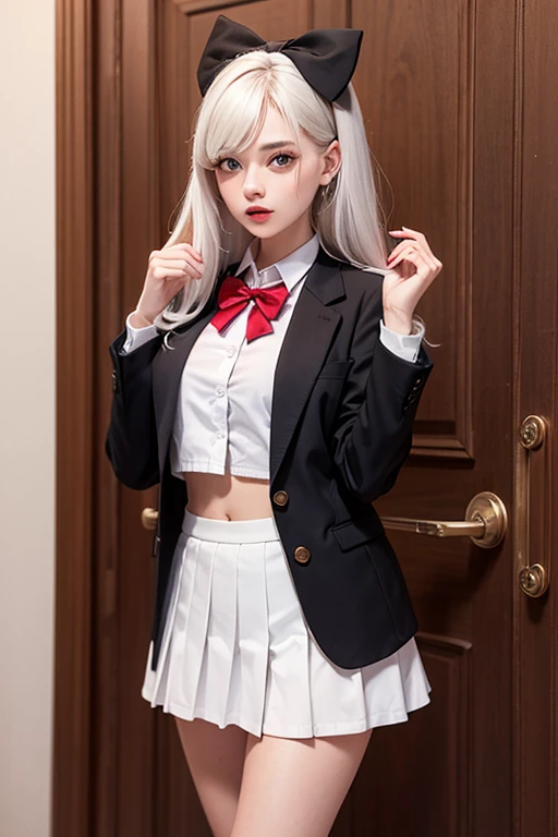 1 girl, alone, long hair, blue eyes, aphrodisiac hair, bow, looking at viewer, red bow, suit jacket, brown tie, long sleeves, chest, shirt, open jacket, red bow tie, door, cowboy shot, shirt de gola, inside, school uniform, white hair, standing, open dress, skirt, stripes, wearing, grey jacket, black dress, blush, skirt plissada, lips parted, midriff, pleated dress, shirt branca, hair between eyes, white jacket, hands up, blazer, black skirt, thighs, opened by, hall
