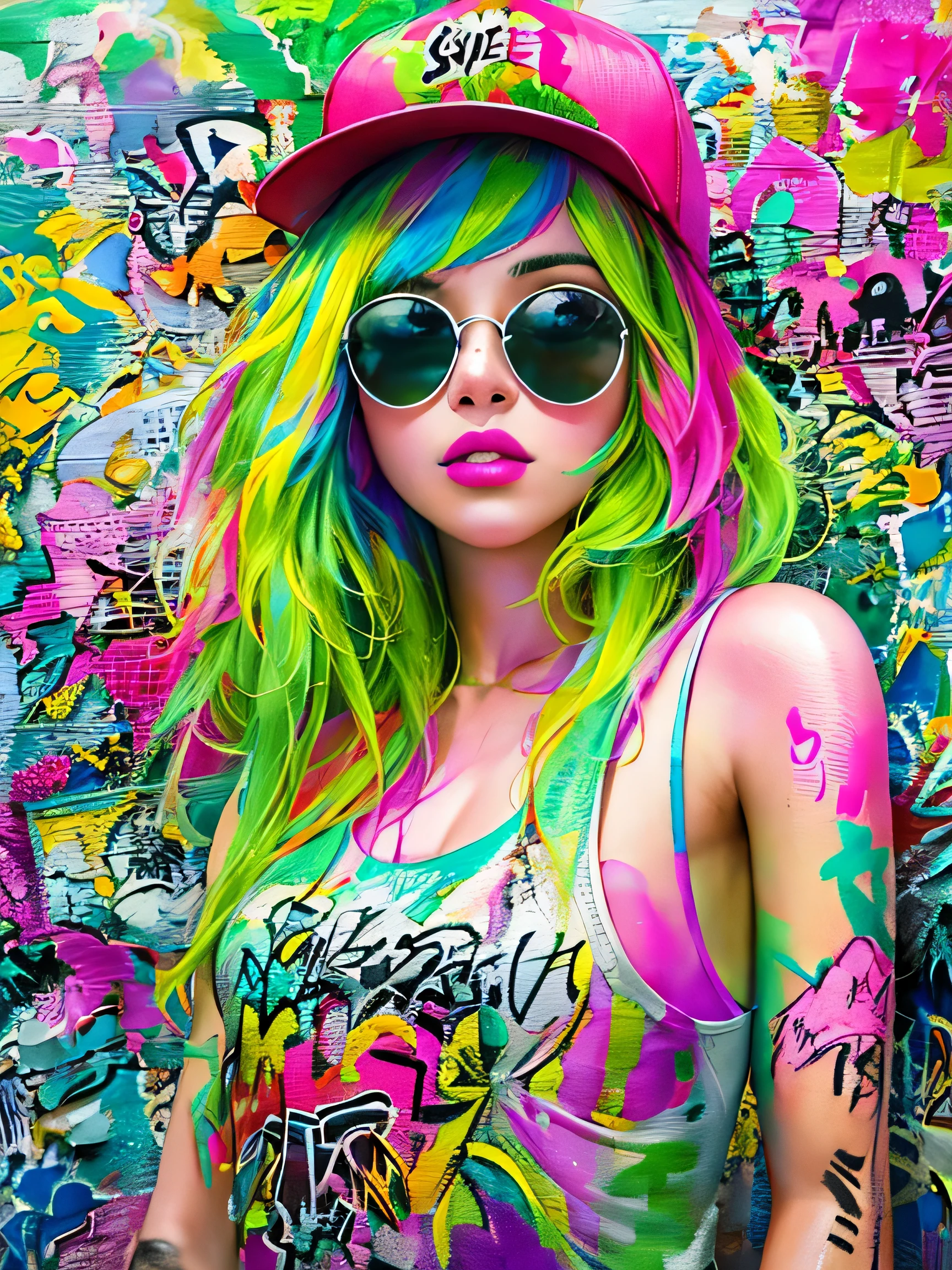 8K quality, watercolor painting, stylish design, (((The strongest beautiful girl of all time)))、Stylish sunglasses, Fashionable hats, (((highest quality))), bob hair, HDR, ((Detailed details)), skull fashion, detailed clothing texture, (((graffiti art))), colorful hair, ((masterpiece))、((Super detailed))、colorful flowers、lips in love